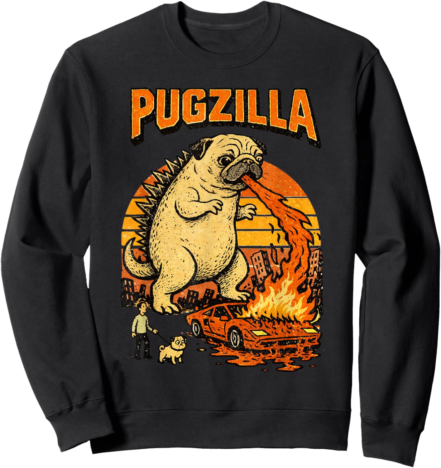 Pugzilla Funny Giant Pug Dog Meme Parody Illustration Sweatshirt - Sweatshirt | Black