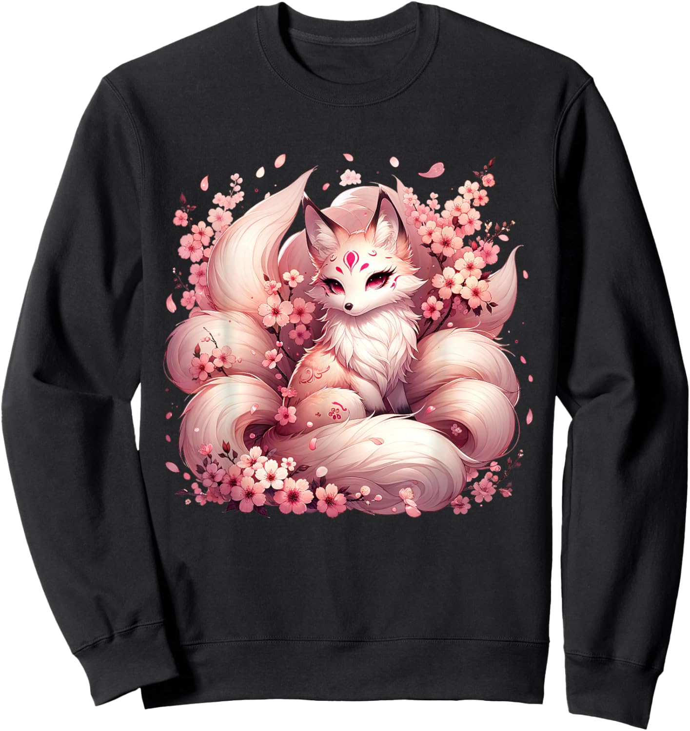 Anime Kawaii Kitsune Fox Japanese Nine Tailed Magical Sakura Sweatshirt - Sweatshirt | Black
