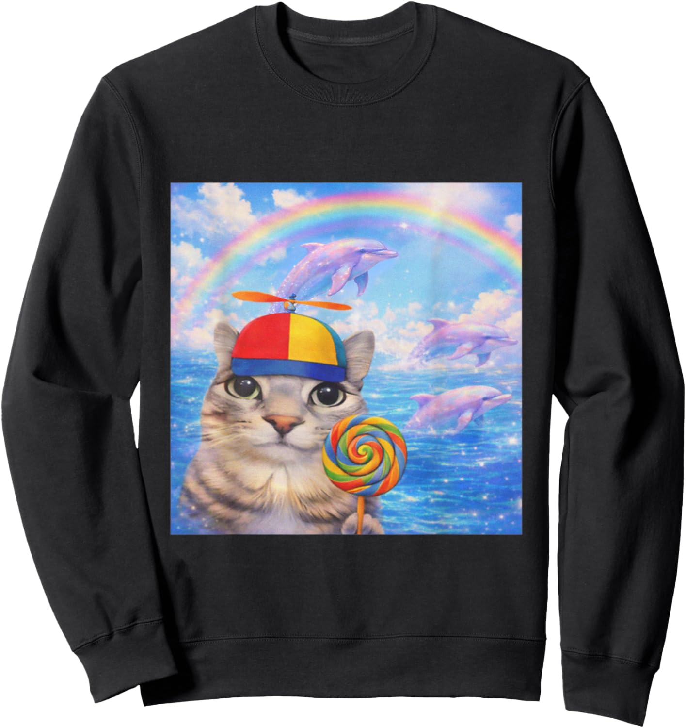 Happy Cat Dreamcore Funny Silly Cat Kitten Brainrot Meme Sweatshirt - Sweatshirt | Black