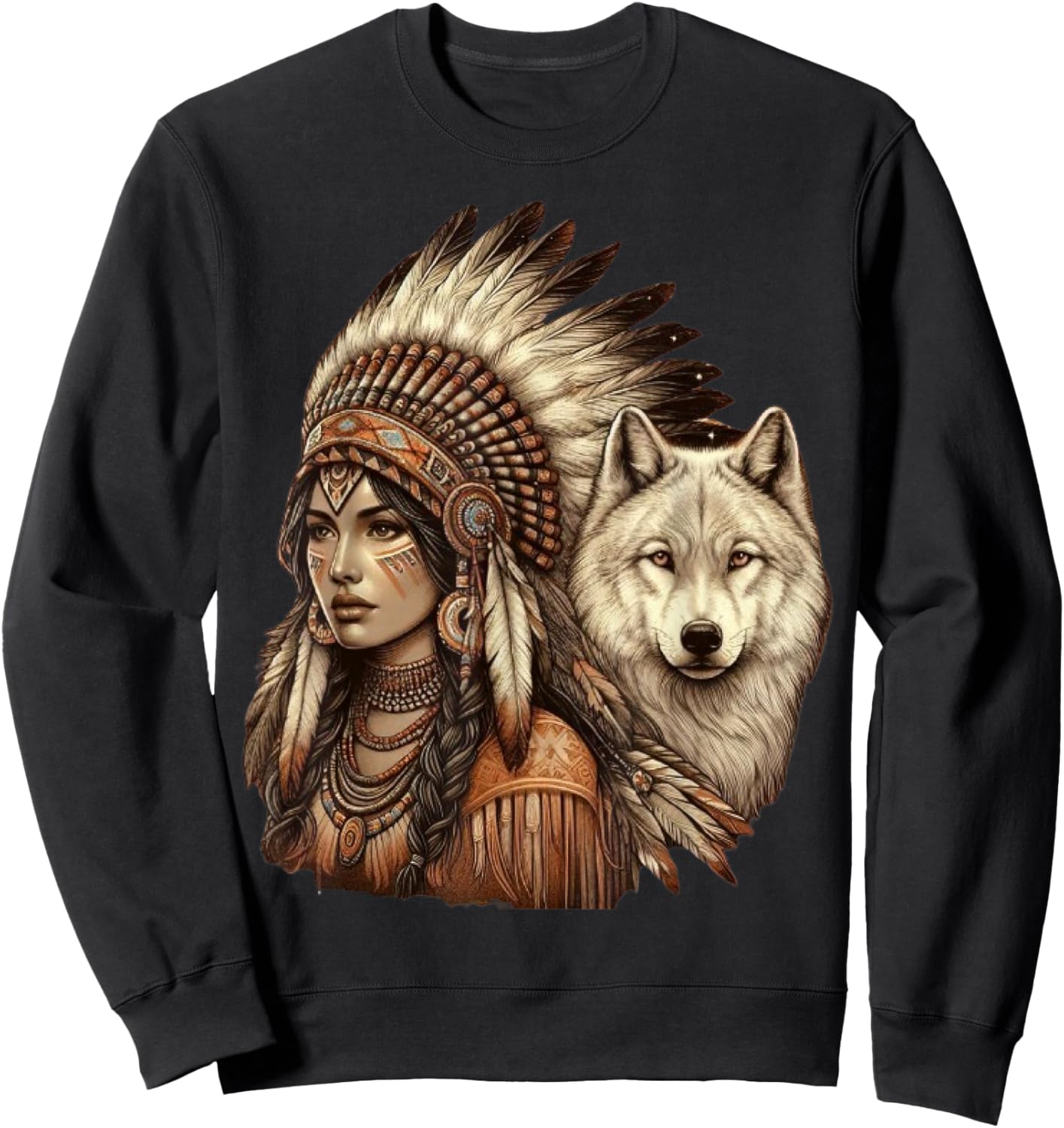 Indian Native American Woman with White Wolf Vintage Sweatshirt - Sweatshirt | Black