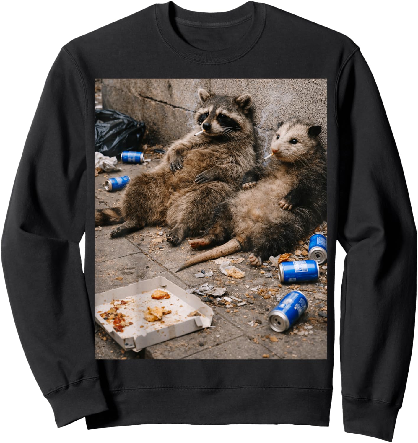 Raccoon and Opossum Smoking Cigarette with Trash Sweatshirt - Sweatshirt | Black