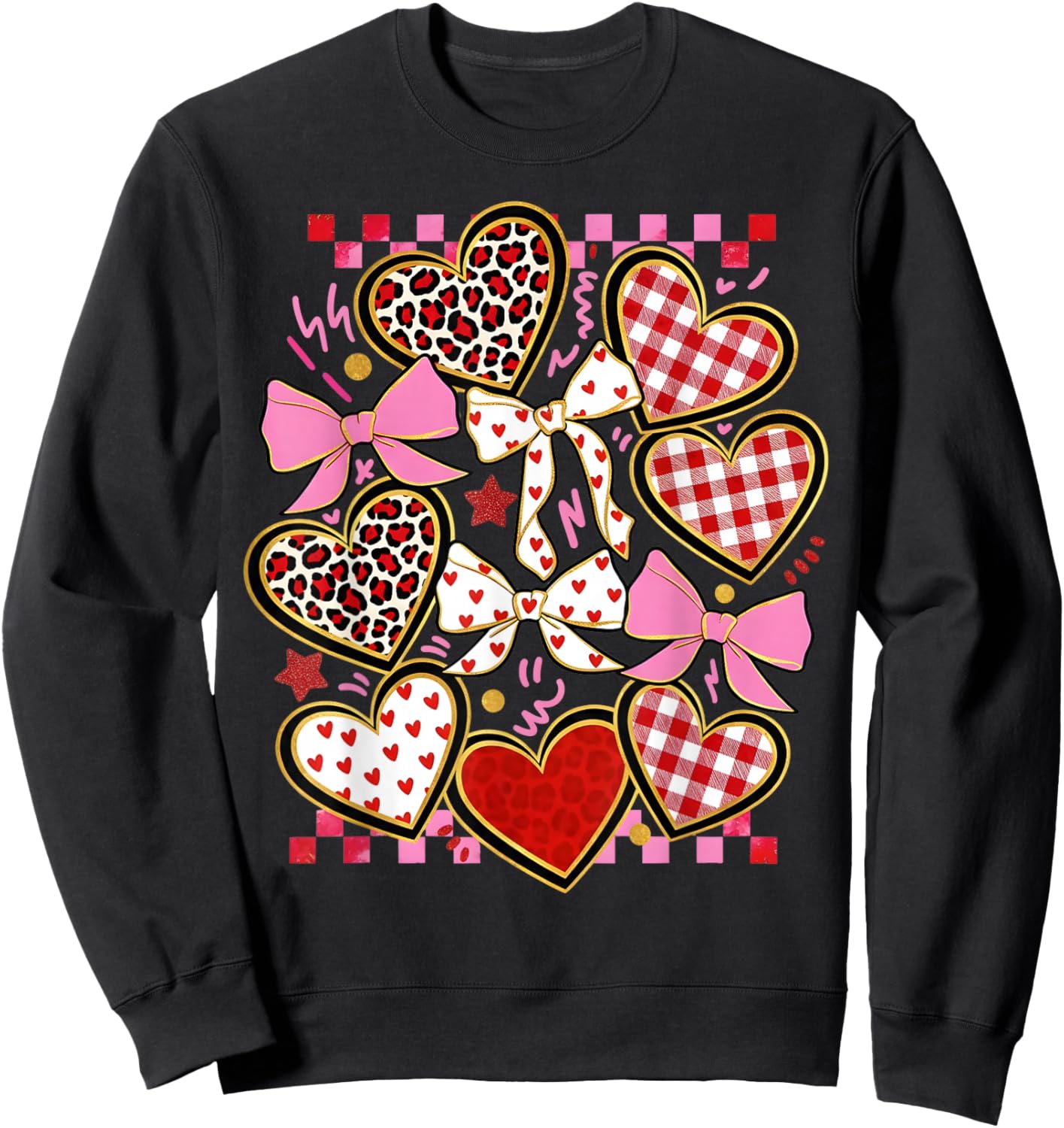 Valentines Day Girl Red Bow Valentines Heart Leopard Women Sweatshirt - Sweatshirt | Black