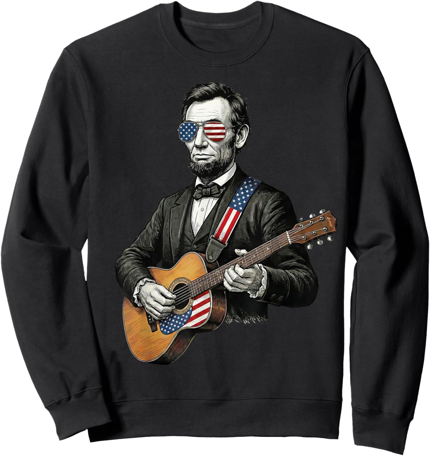 Abraham Lincoln Playing Guitar Funny 4th of July Patriotic Sweatshirt - Sweatshirt | Black