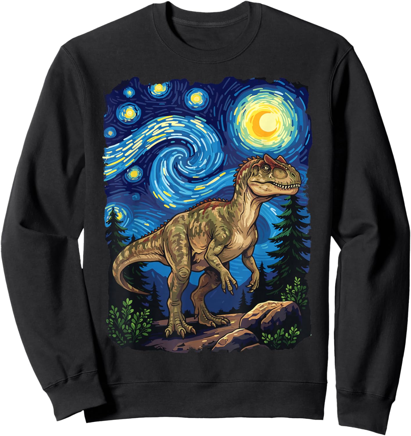 Allosaurus Dinosaur Prehistoric Starry Night Van Gogh Dino Sweatshirt - Sweatshirt | Black