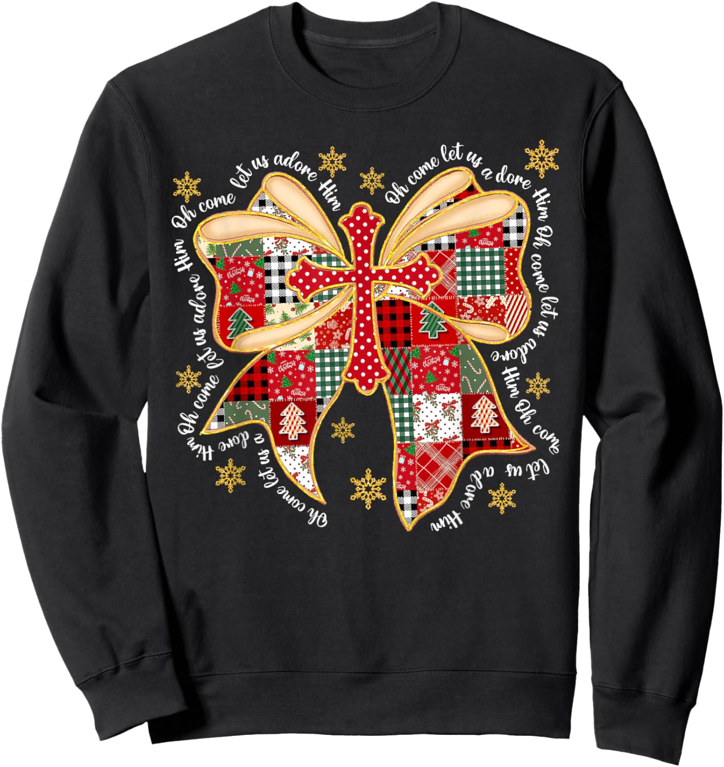 Oh Come Let Us Adore Him Jesus Coquette Bow Cross Patchwork Sweatshirt - Sweatshirt | Black