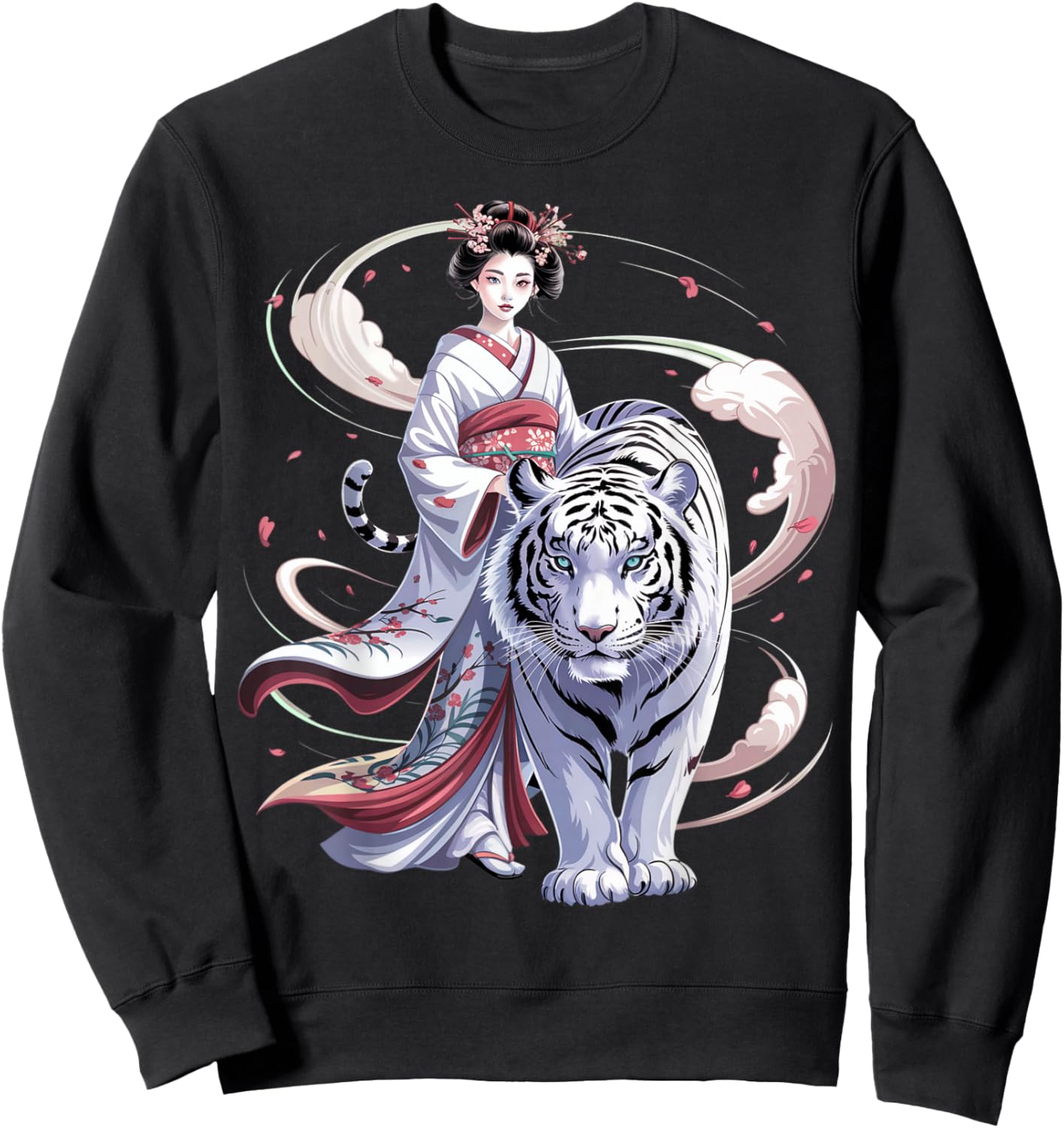 White Tiger Sakura Japanese Geisha Guardian Sweatshirt - Sweatshirt | Black