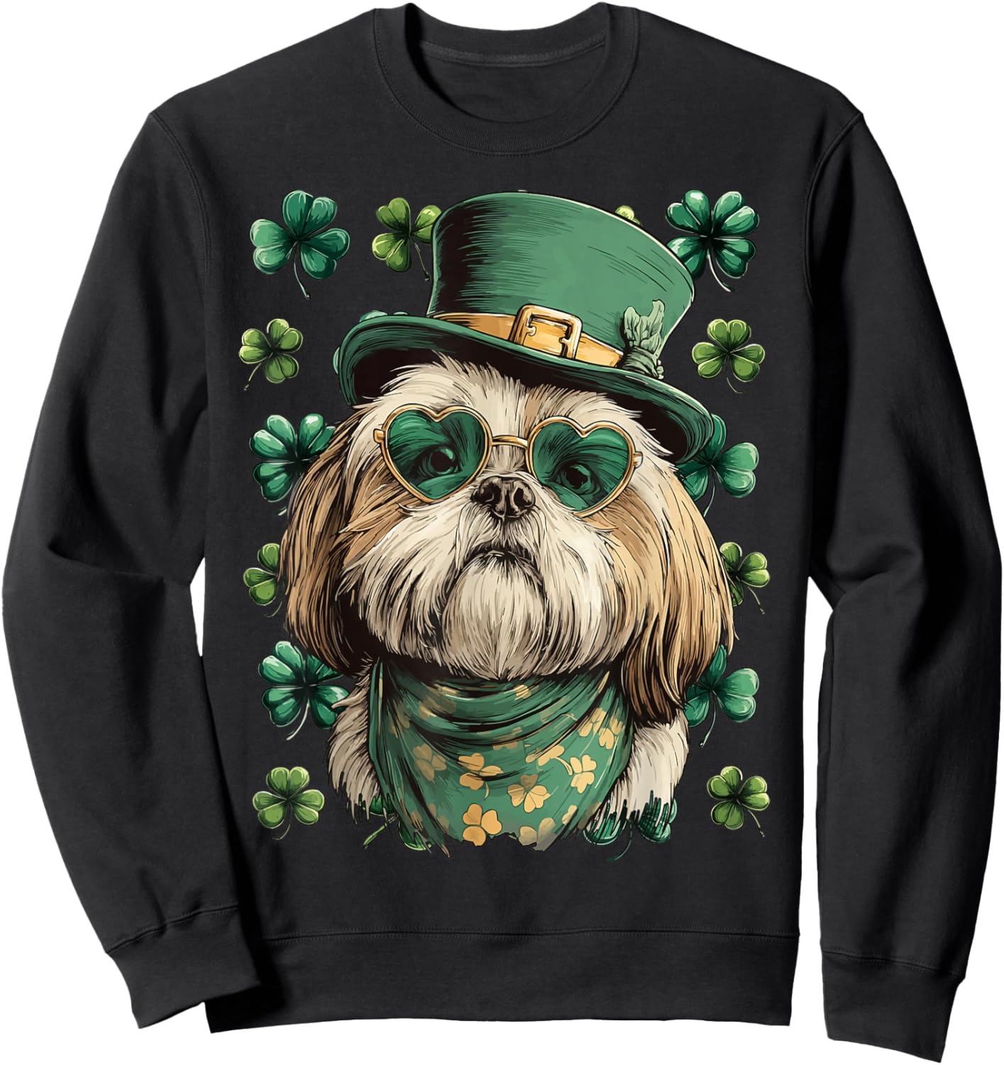 Shih Tzu with Shamrocks Hearts Sunglasses St Patricks Day Sweatshirt - Sweatshirt | Black