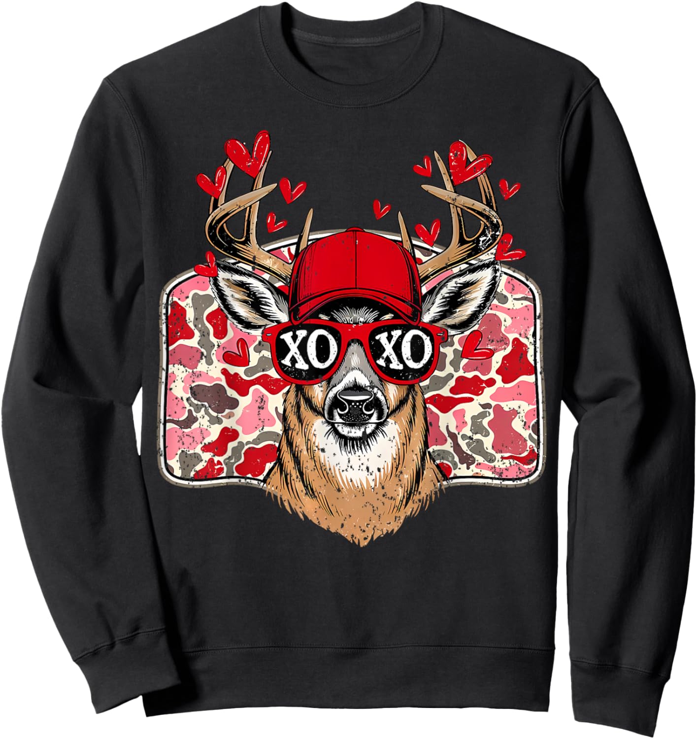 Retro Valentine Buck Deer Hunting Camo XOXO Valentines Day Sweatshirt - Sweatshirt | Black
