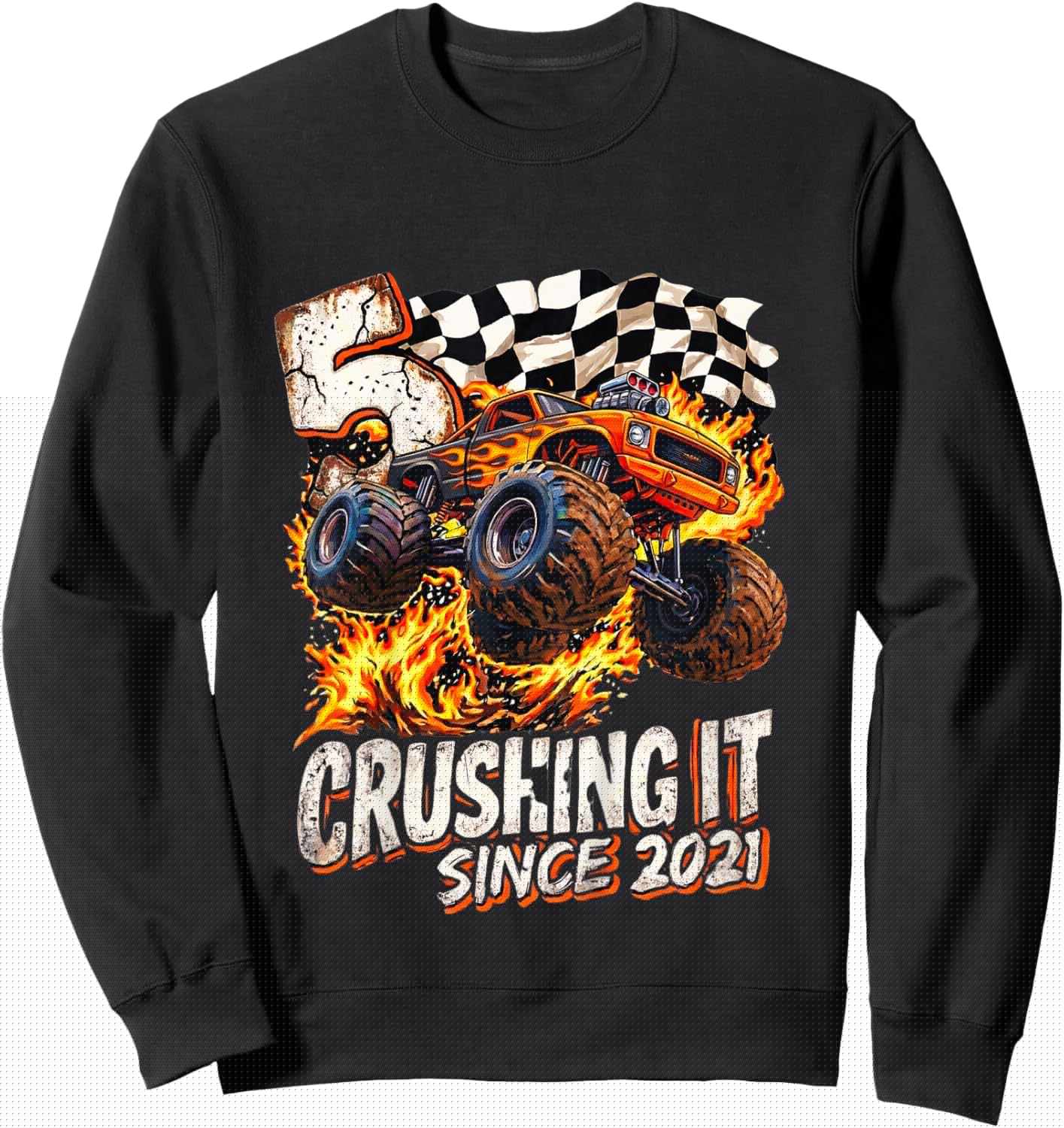 Kids Birthday Monster Truck Boys 5 Crushing It Since 2021 Kids Sweatshirt - Sweatshirt | Black