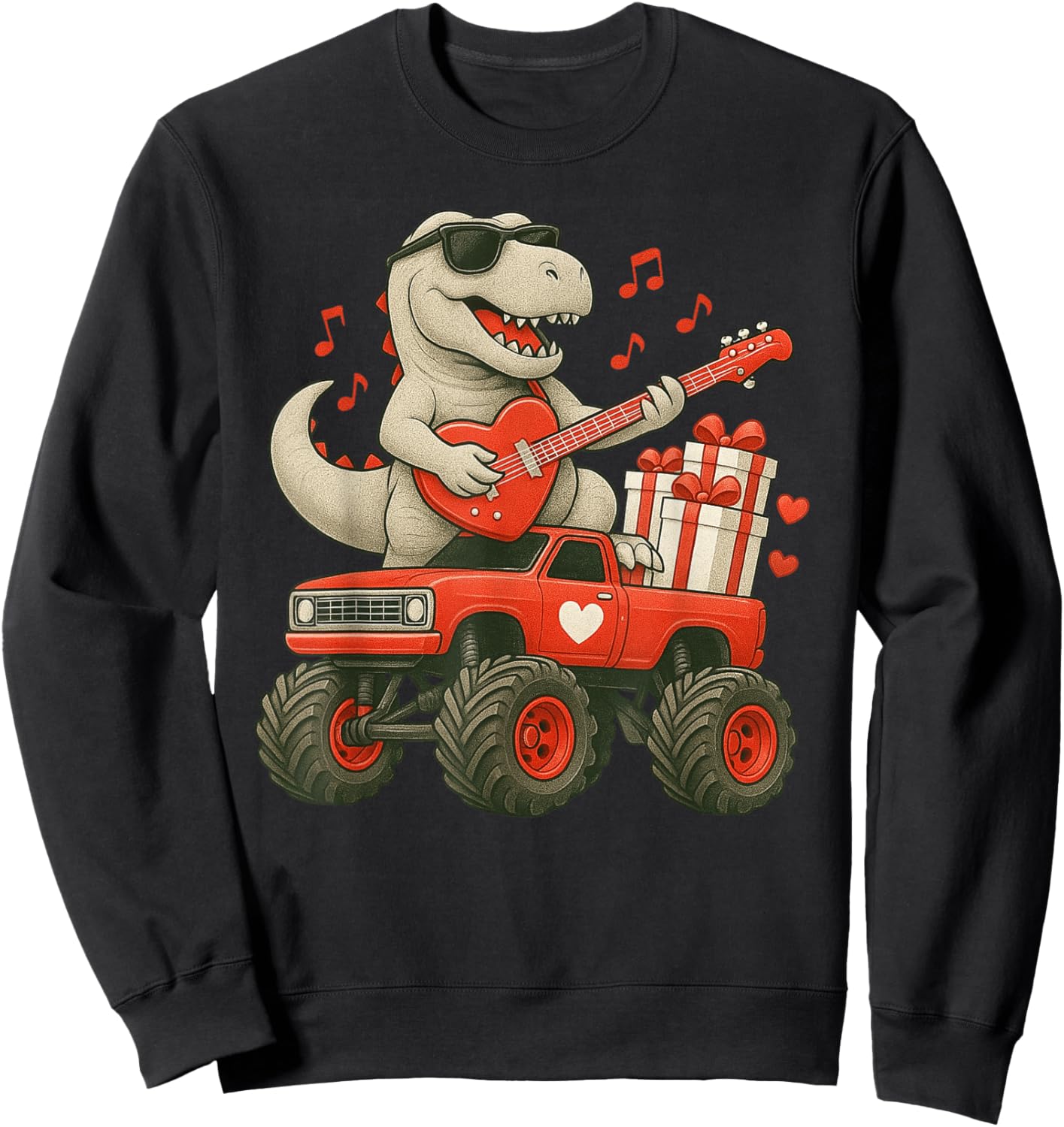 Valentines Day T Rex Riding Monster Truck Guitar Toddler Boy Sweatshirt - Sweatshirt | Black