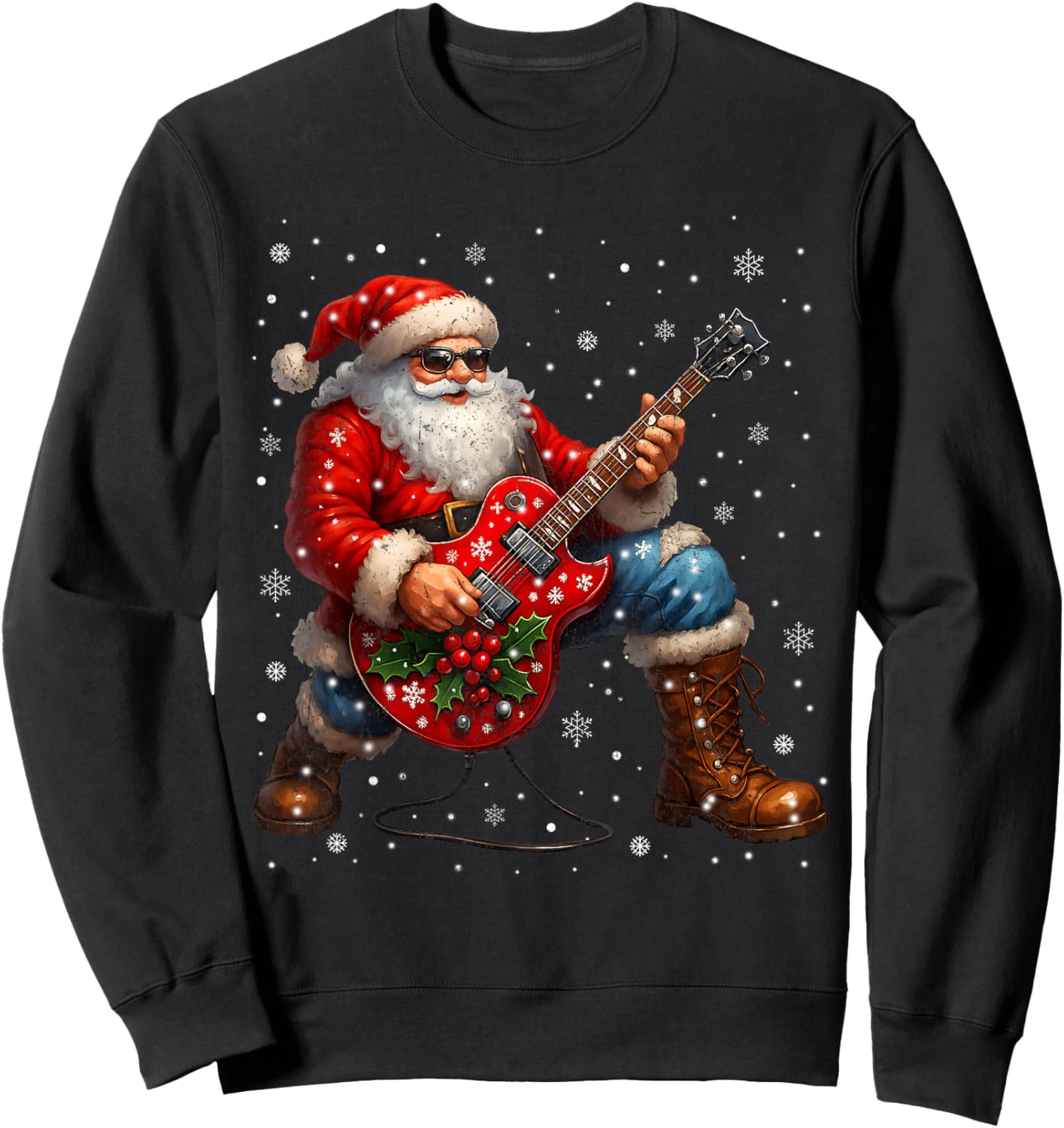 Vintage Rock On Santa Graphic Christmas Xmas Guitar Sweatshirt - Sweatshirt | Black