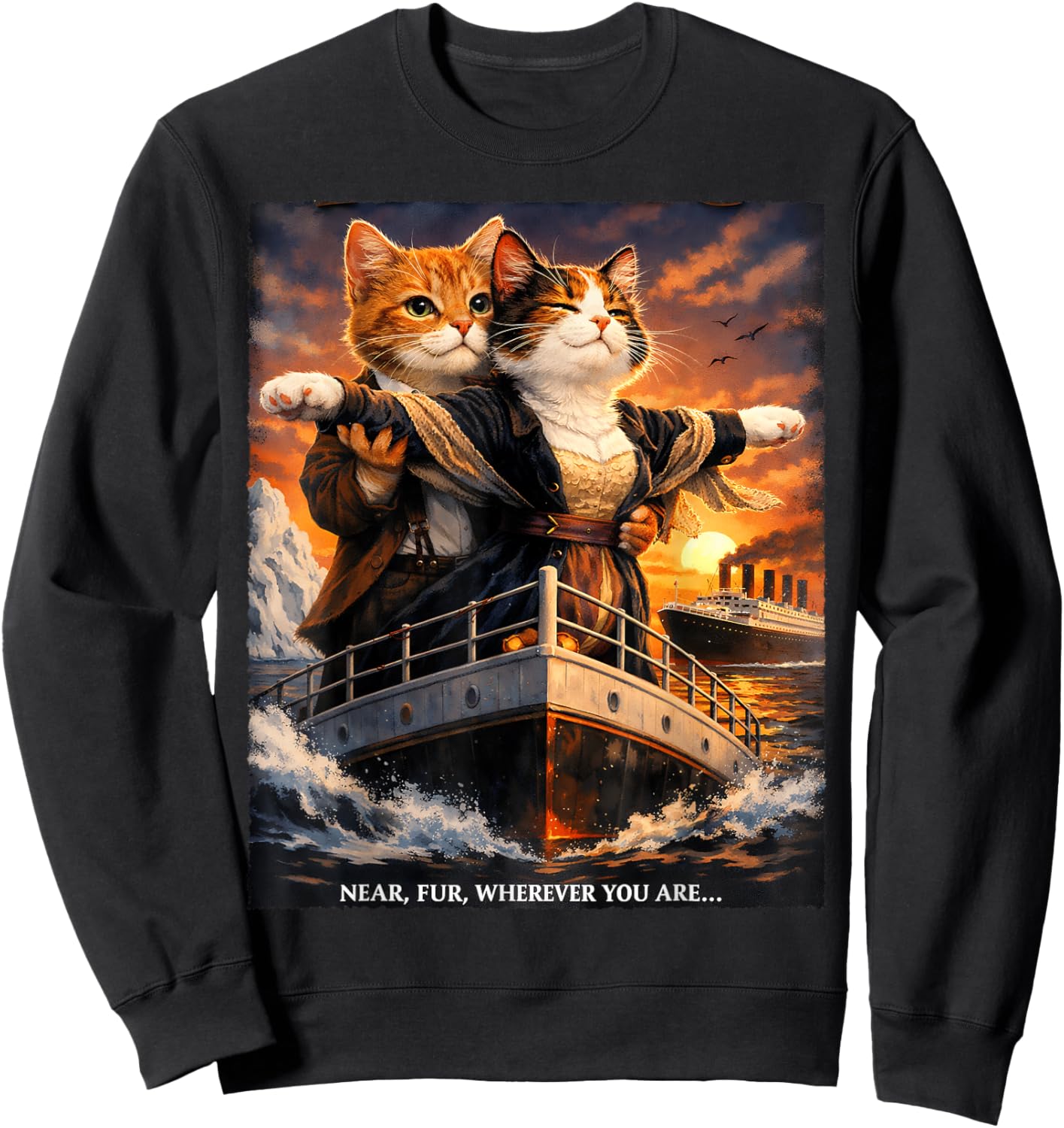 Titanic Cats Funny Romantic Parody Cute Cat Lover Humor Sweatshirt - Sweatshirt | Black