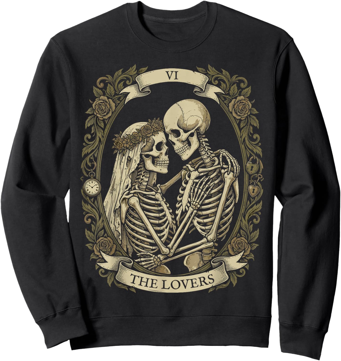 The Lovers Tarot Card Skeleton Spooky Halloween Valentine Sweatshirt - Sweatshirt | Black
