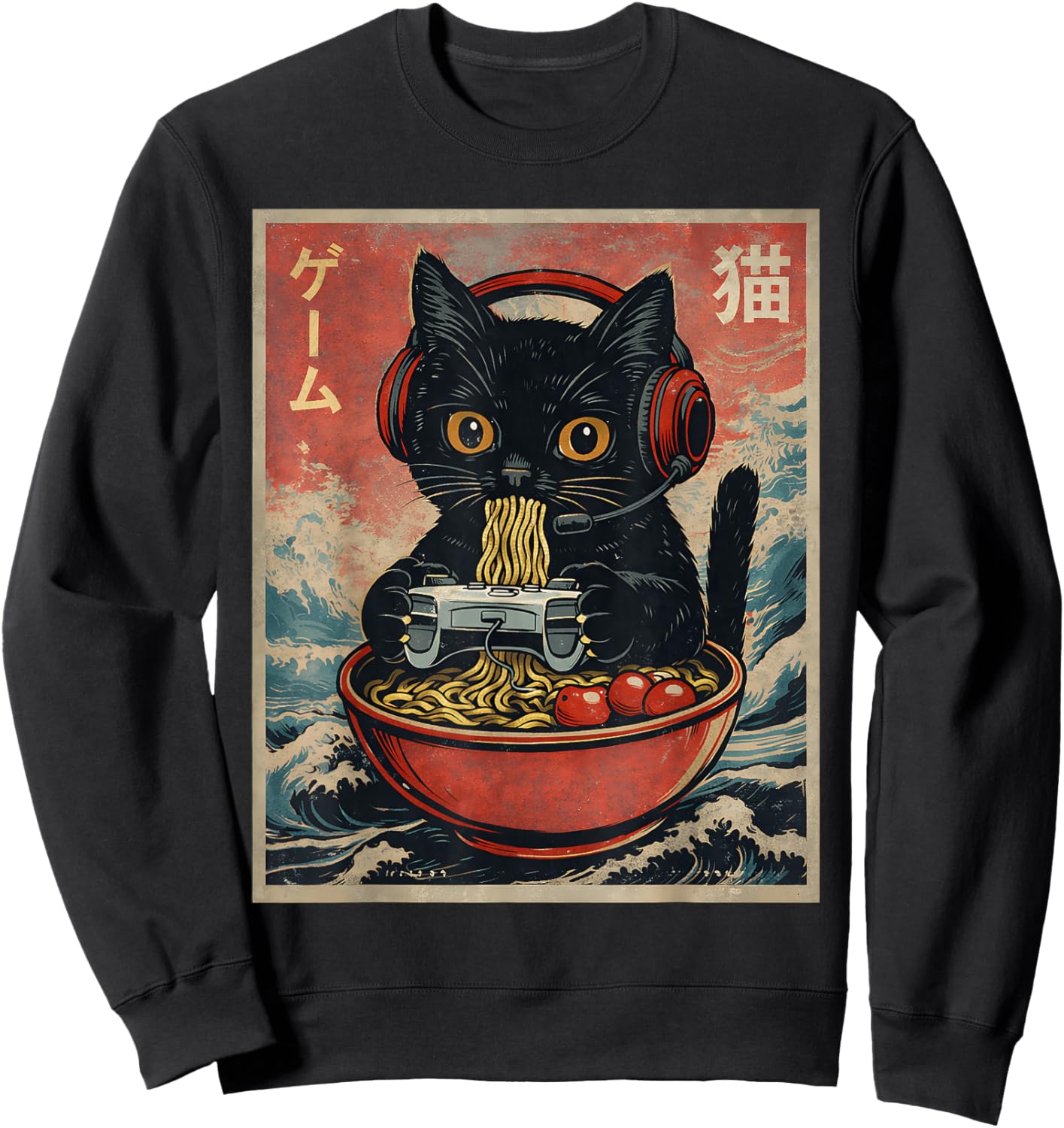 Funny Cat Gaming Ramen Japan Japanese Boy Men Kid Kawaii Sweatshirt - Sweatshirt | Black