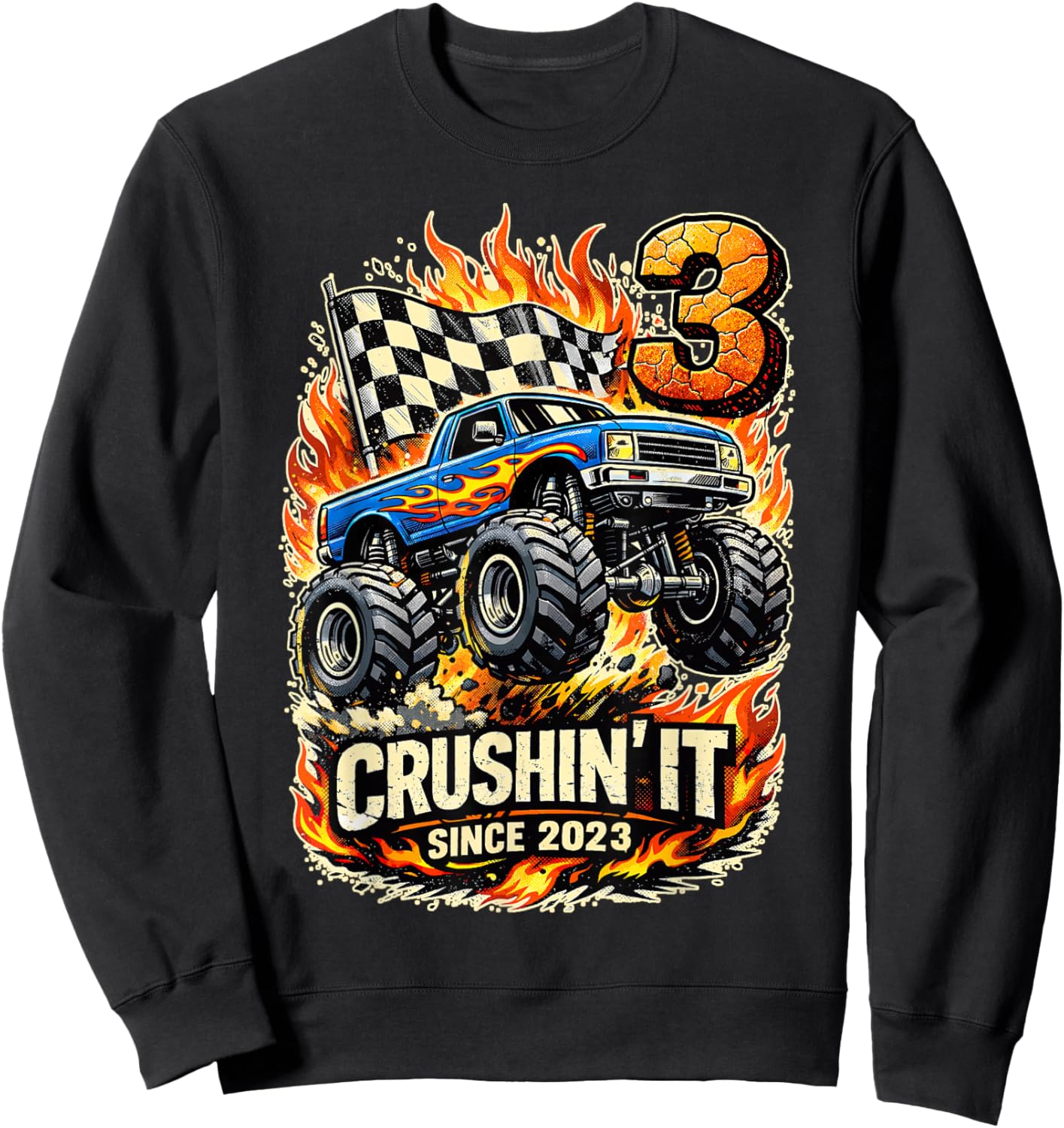 Birthday Monster Truck 3 Year Old Boys 3rd Party Born 2023 Sweatshirt - Sweatshirt | Black