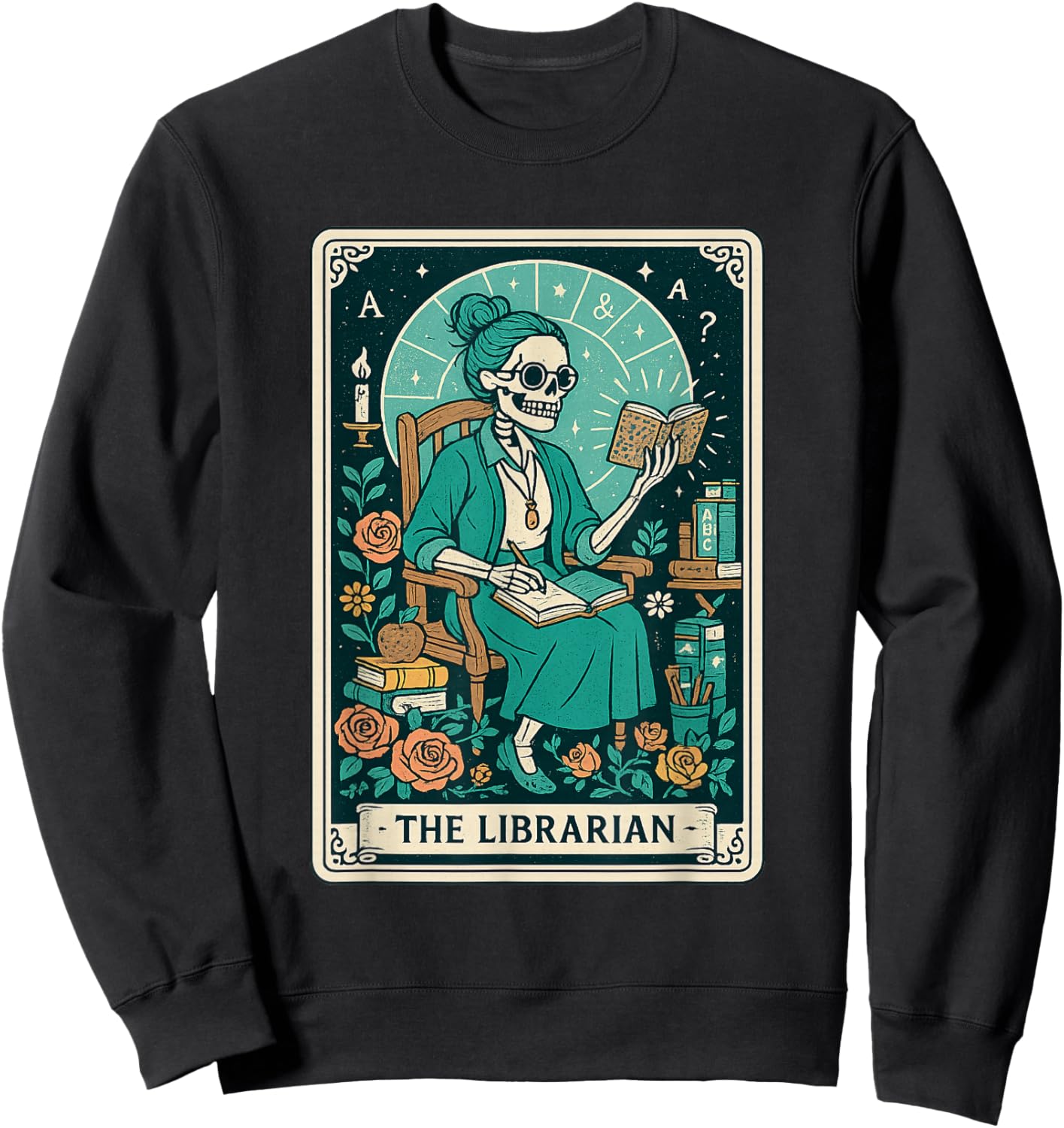 The Librarian Tarot Card Skeleton Book Lover Halloween Sweatshirt - Sweatshirt | Black