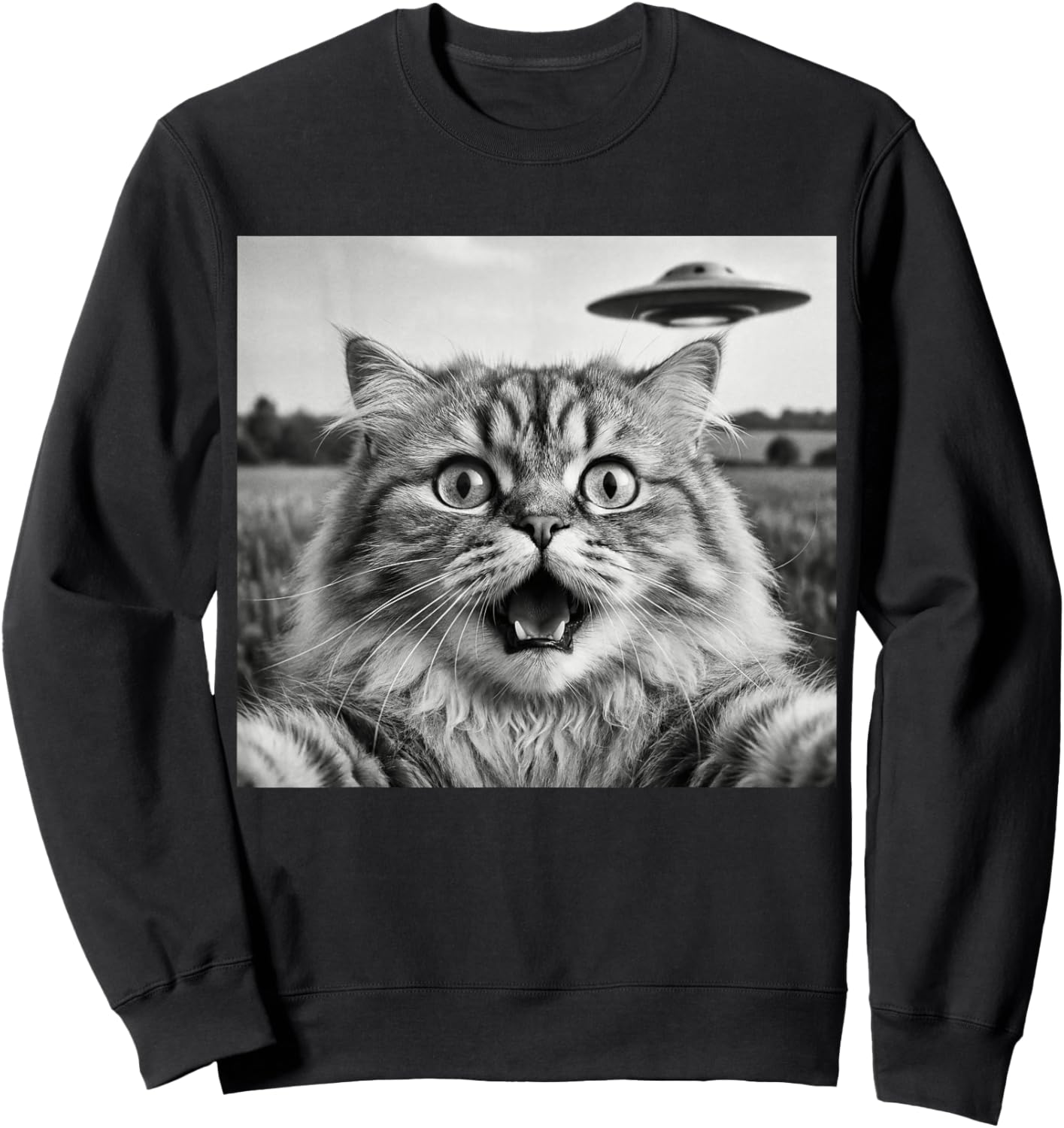 Funny Cat Taking Selfie with UFO Alien Spaceship Sci-Fi Sweatshirt - Sweatshirt | Black