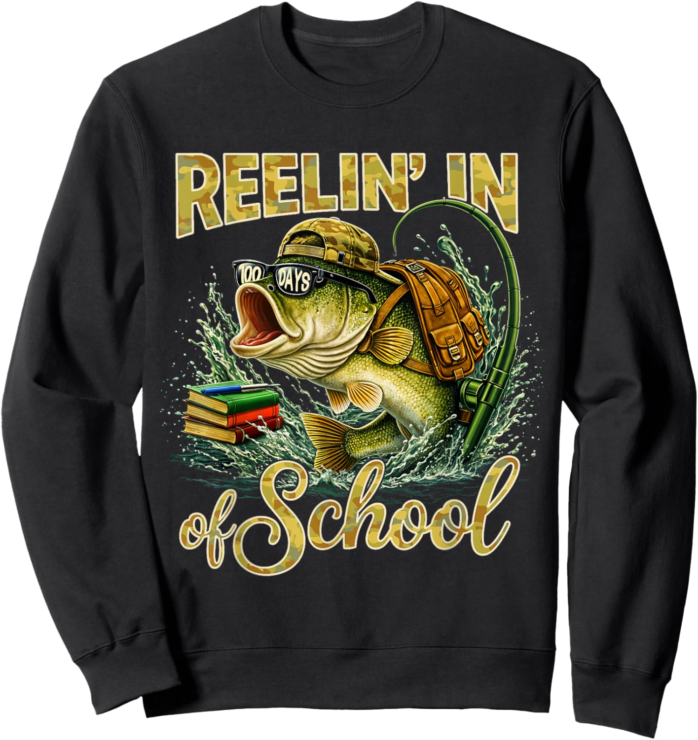 Reelin' in 100 Days of School Fishing Bass Kids Teacher Sweatshirt - Sweatshirt | Black
