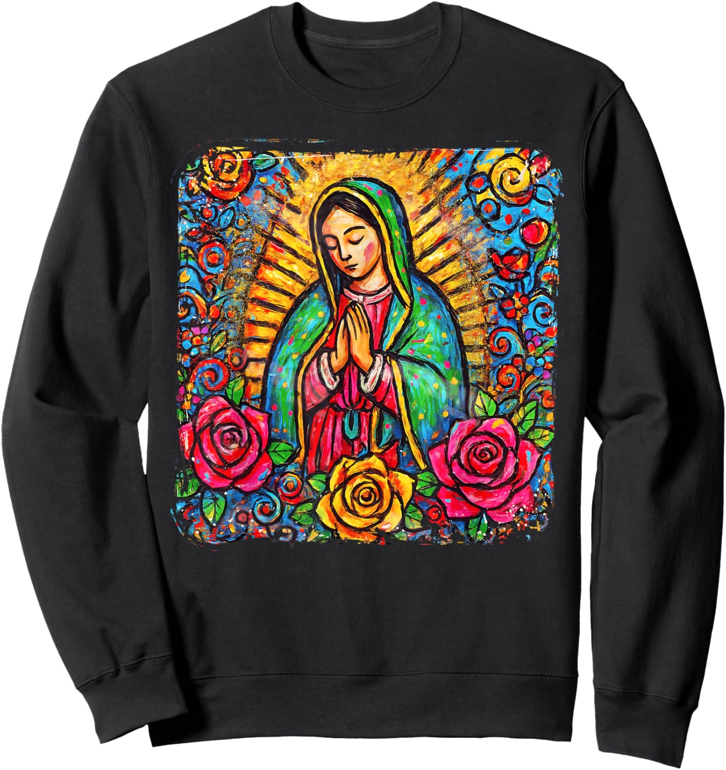 Our Lady Virgen De Guadalupe Saint Virgin Mary Pink Roses Sweatshirt - Sweatshirt | Black