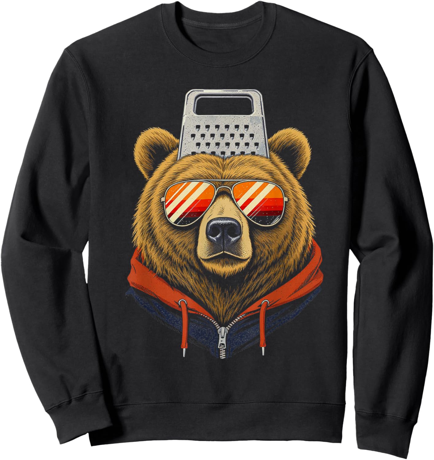 Funny Retro Bear with a Grater Hat Cheese Grater Hat Foam Sweatshirt - Sweatshirt | Black