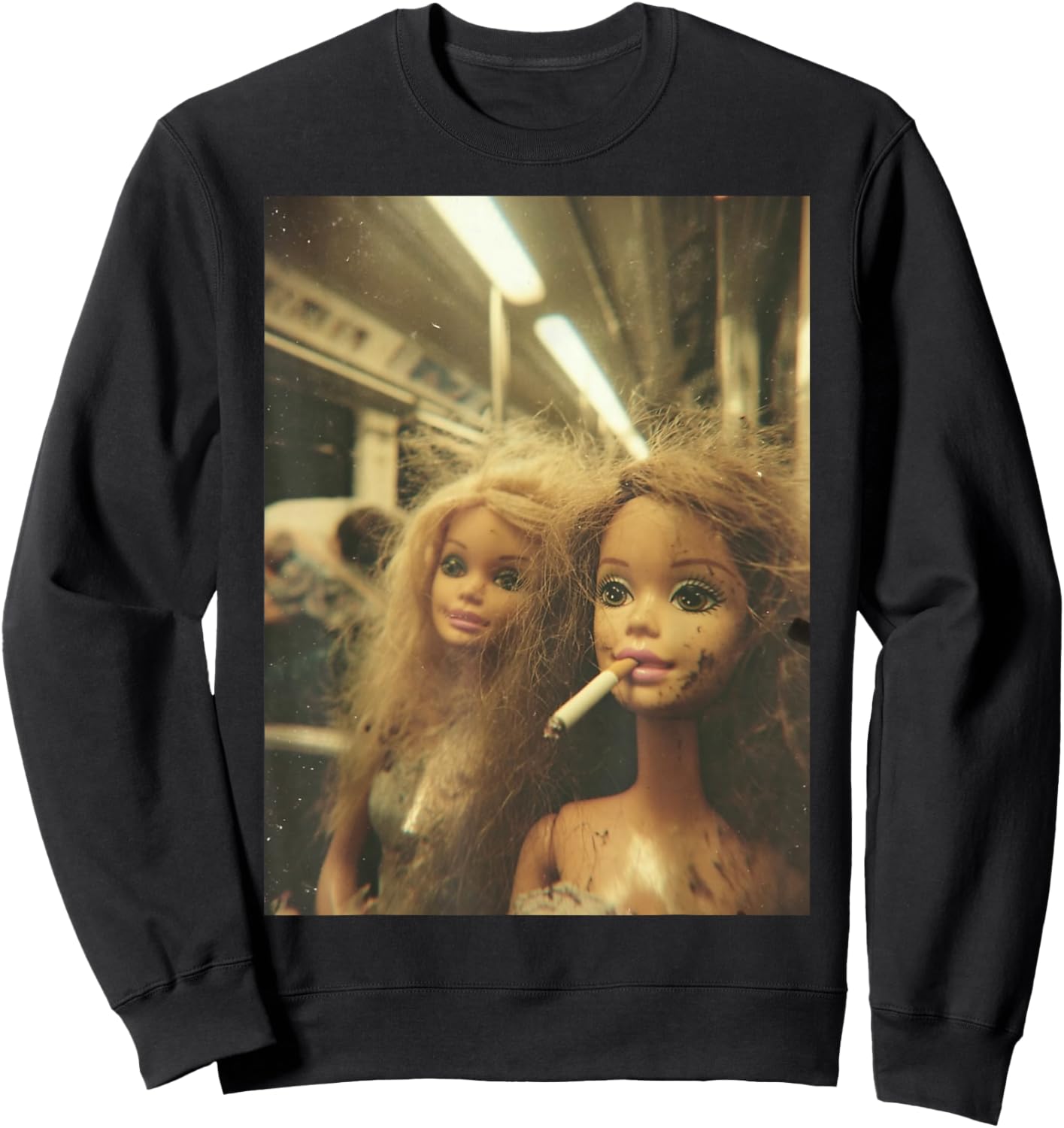 Funny Disgusting Doll face Meme Smoking Y2K Sarcastic Gift Sweatshirt - Sweatshirt | Black
