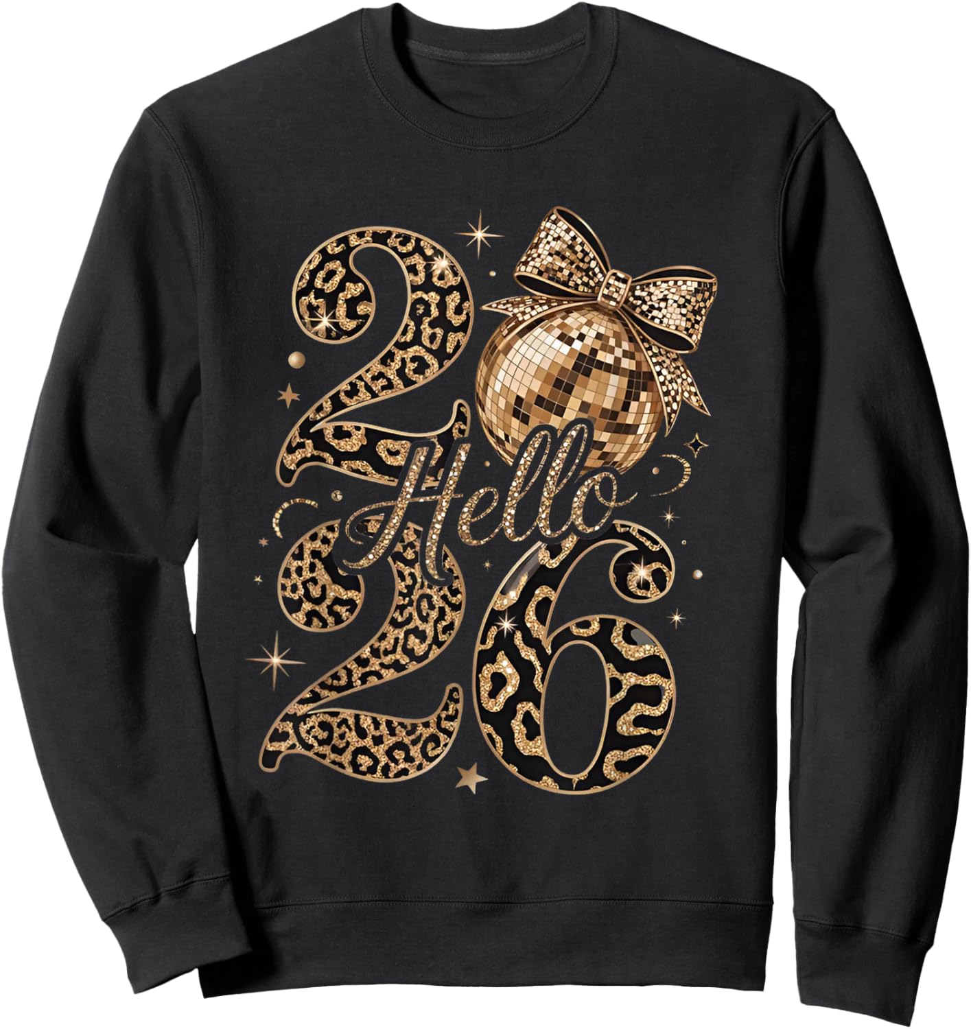 Hello 2026 Leopard Coquette Disco Ball Happy New Year Sweatshirt - Sweatshirt | Black