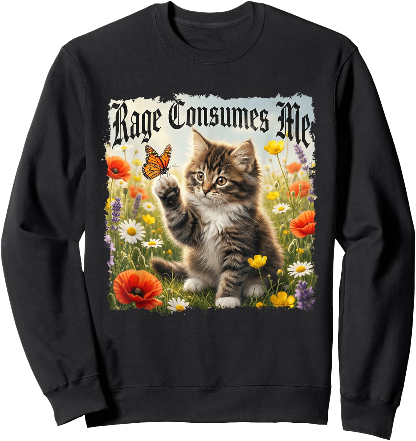 Rage Consumes Me Funny Cat Butterfly Heavy Metal Sweatshirt - Sweatshirt | Black