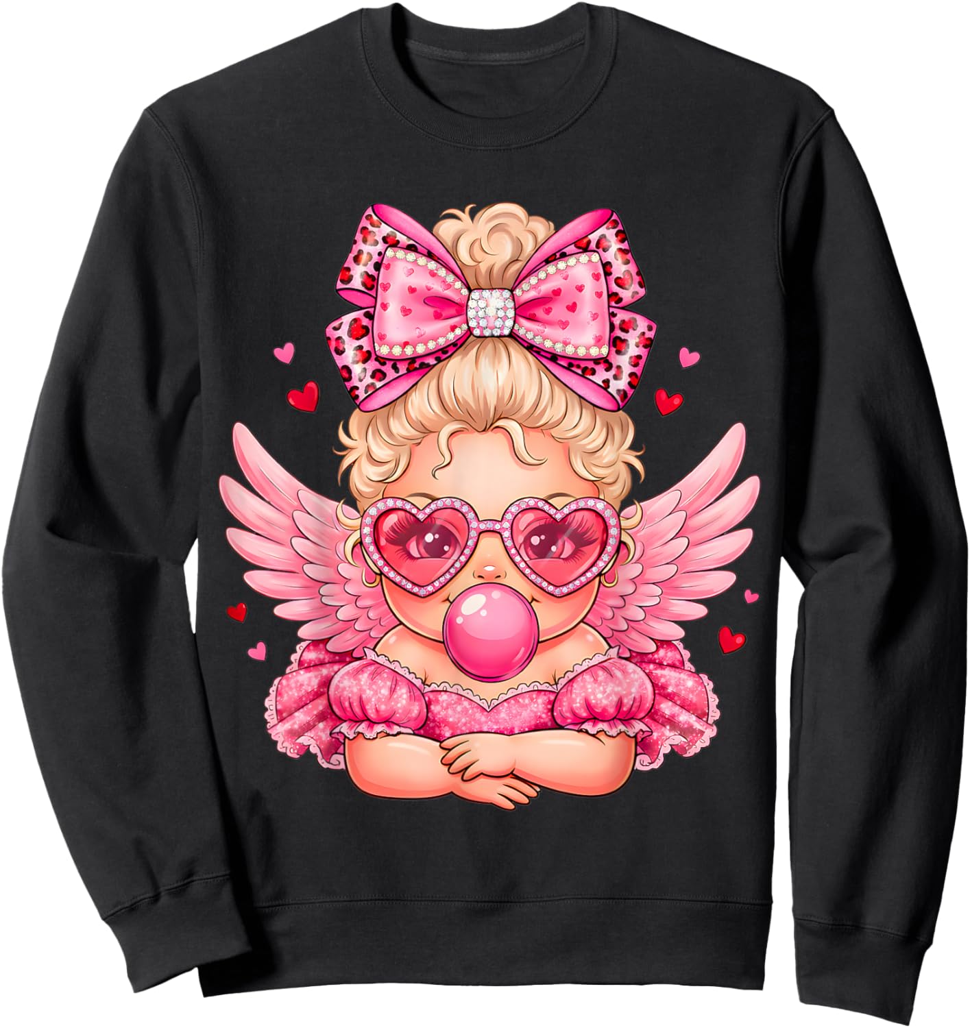 Leopard Bow Cupid Valentine Day Cute Cupid Blowing Bubble Sweatshirt - Sweatshirt | Black