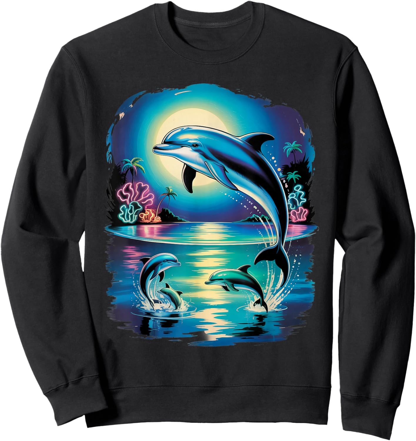 Vintage Retro 90s Airbrushed Dolphins in Ocean Sunset Sweatshirt - Sweatshirt | Black