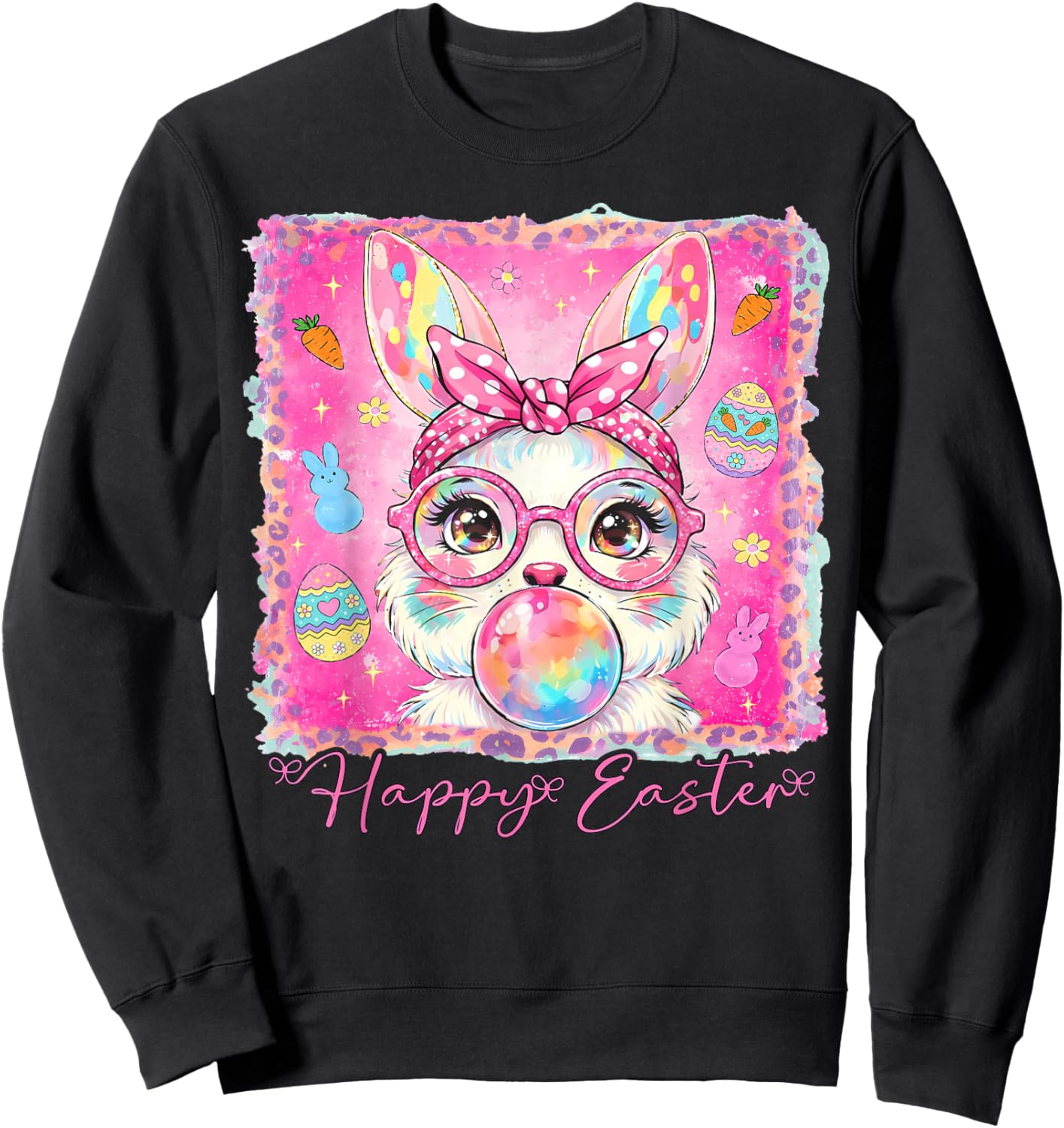 Happy Easter Cute Rabbit Bunny Face Blowing Bubble Gum Girls Sweatshirt - Sweatshirt | Black