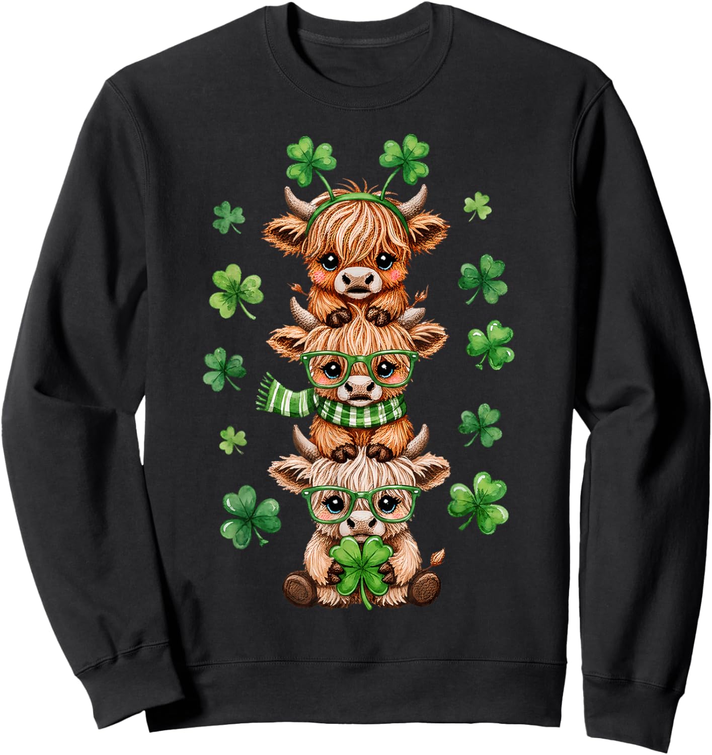 Cute Highland Cow Lucky Shamrock St Patrick's Day Party Sweatshirt - Sweatshirt | Black