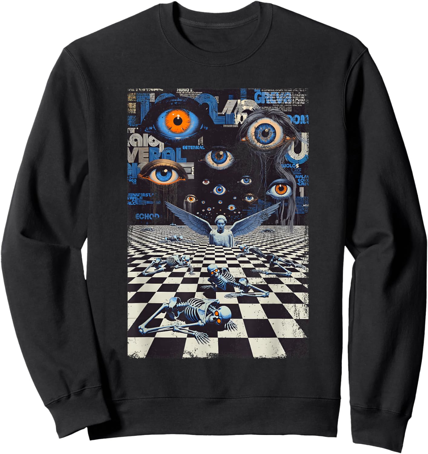 Weirdcore Eyes Skeleton Glitch Art Surreal Checkered Floor Sweatshirt - Sweatshirt | Black