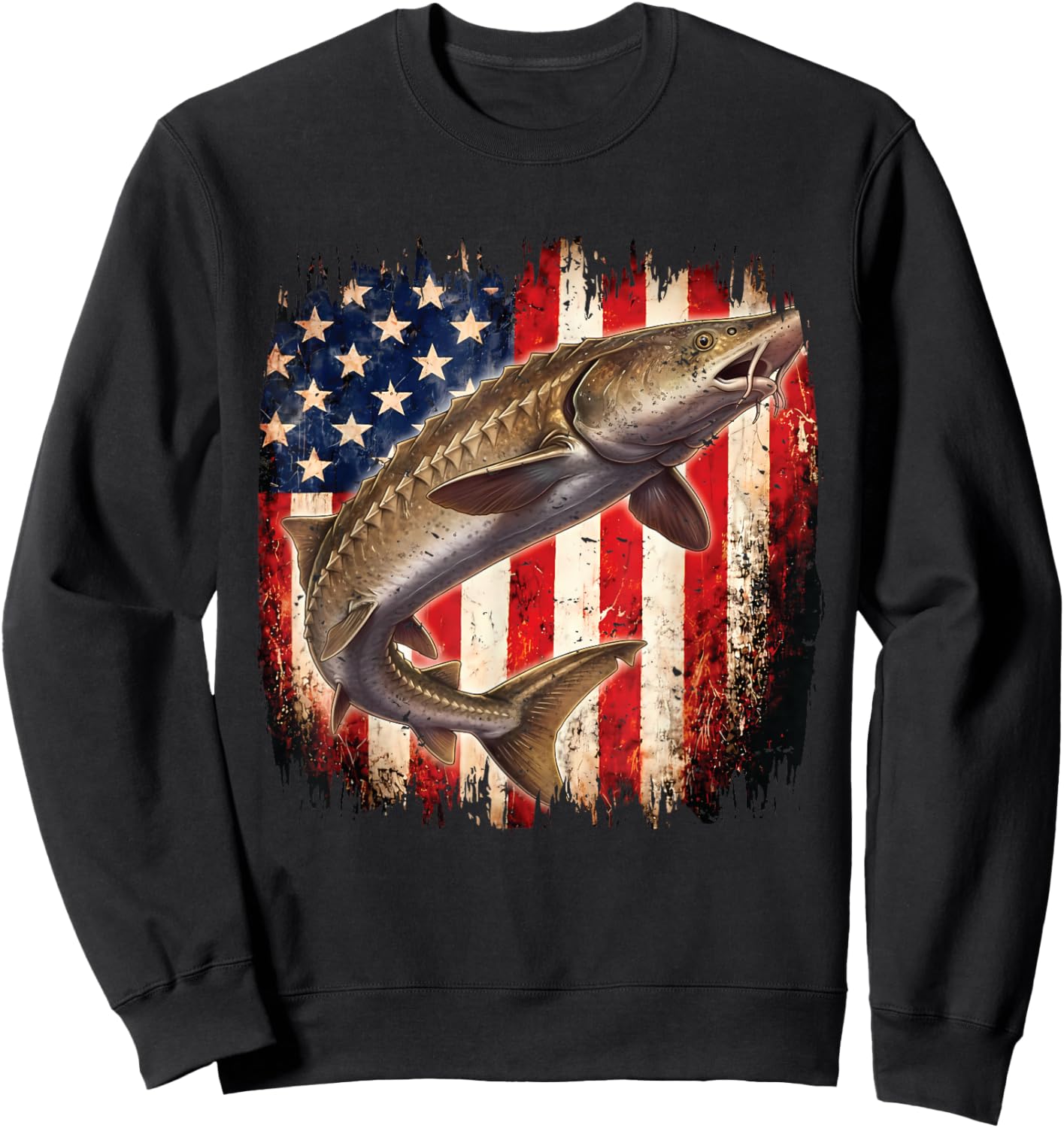 American Flag Sturgeon Fish Fishing Vintage Fisherman Sweatshirt - Sweatshirt | Black
