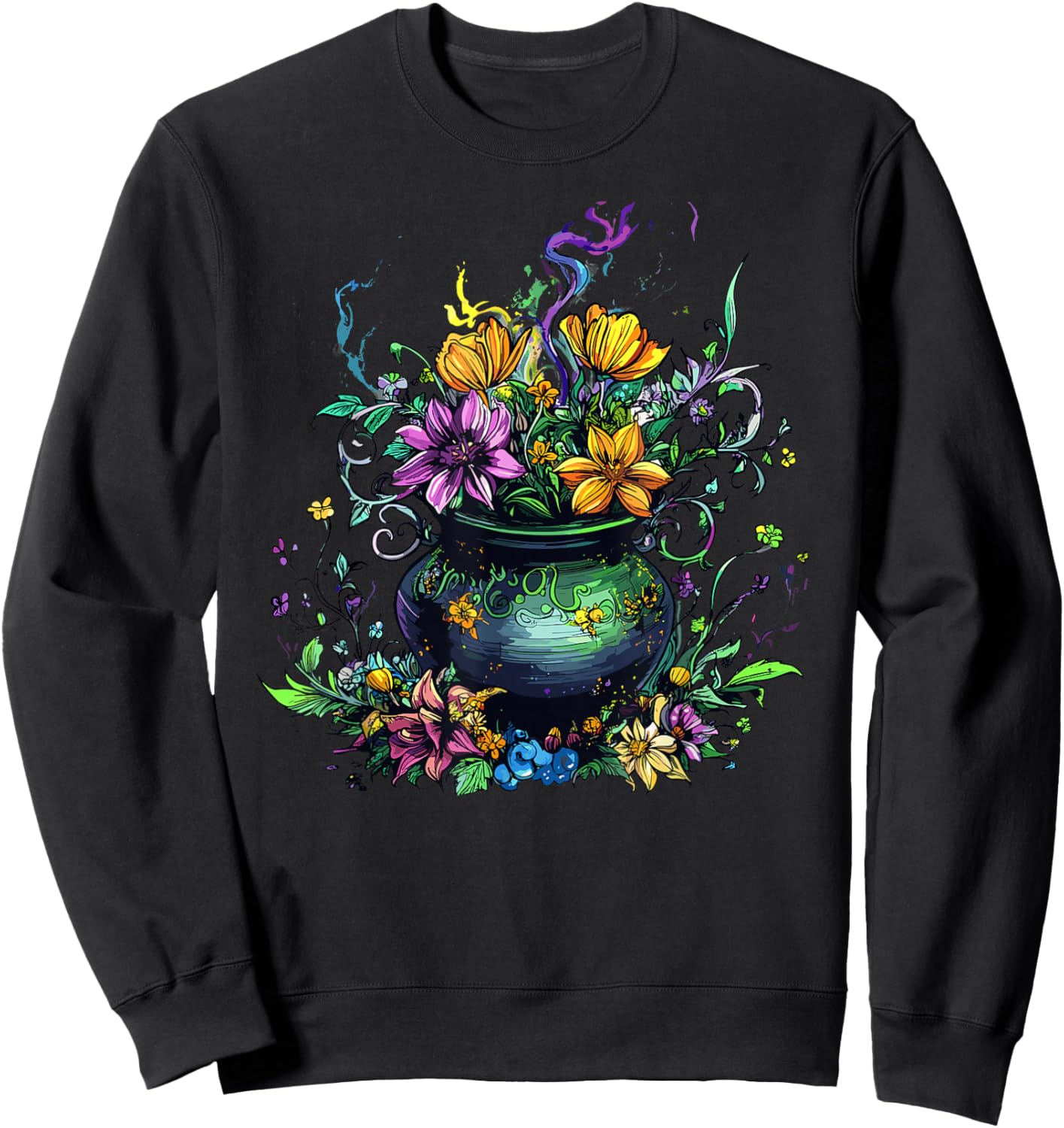 Enchanted Cauldron with Wildflowers and Potion Sweatshirt - Sweatshirt | Black