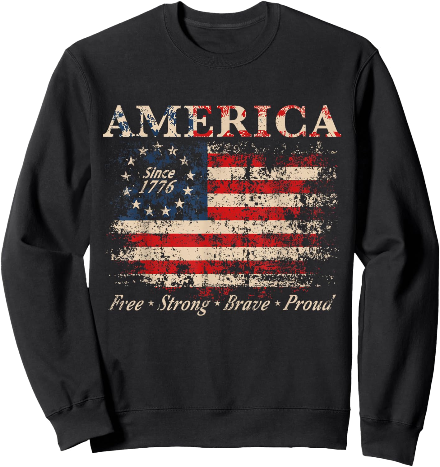 Distressed American Flag Patriotic USA Vintage 1776 Sweatshirt - Sweatshirt | Black