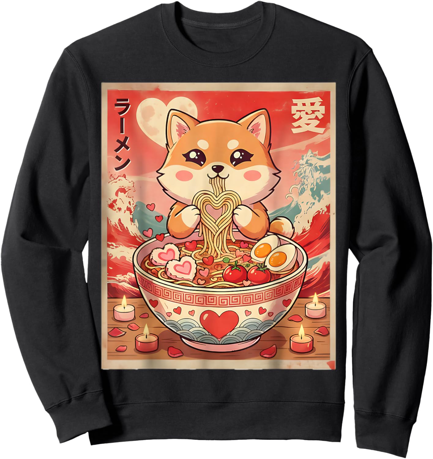 Kawaii Shiba Inu Ramen Valentine Couples Anime Sweatshirt - Sweatshirt | Black