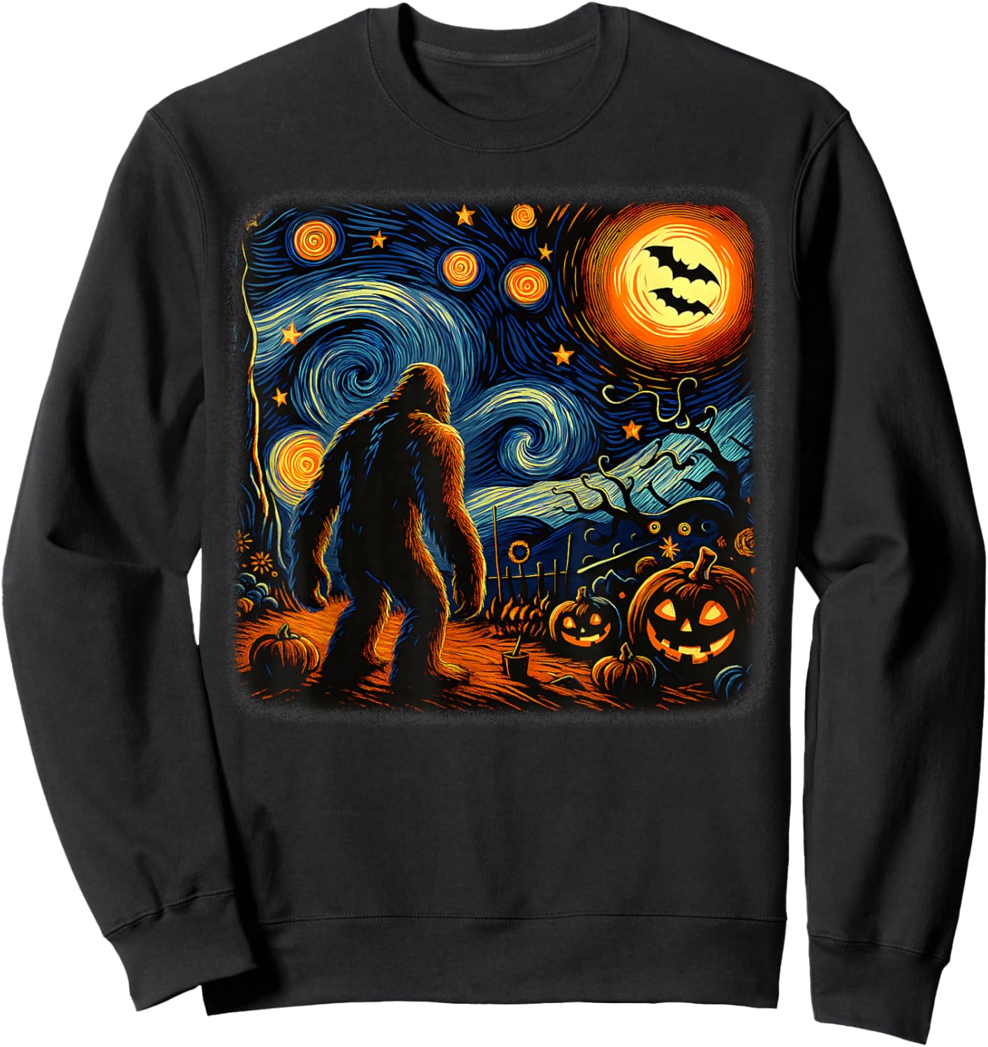 Halloween Bigfoot Starry Night Van Gogh Sasquatch Pumpkin Sweatshirt - Sweatshirt | Black