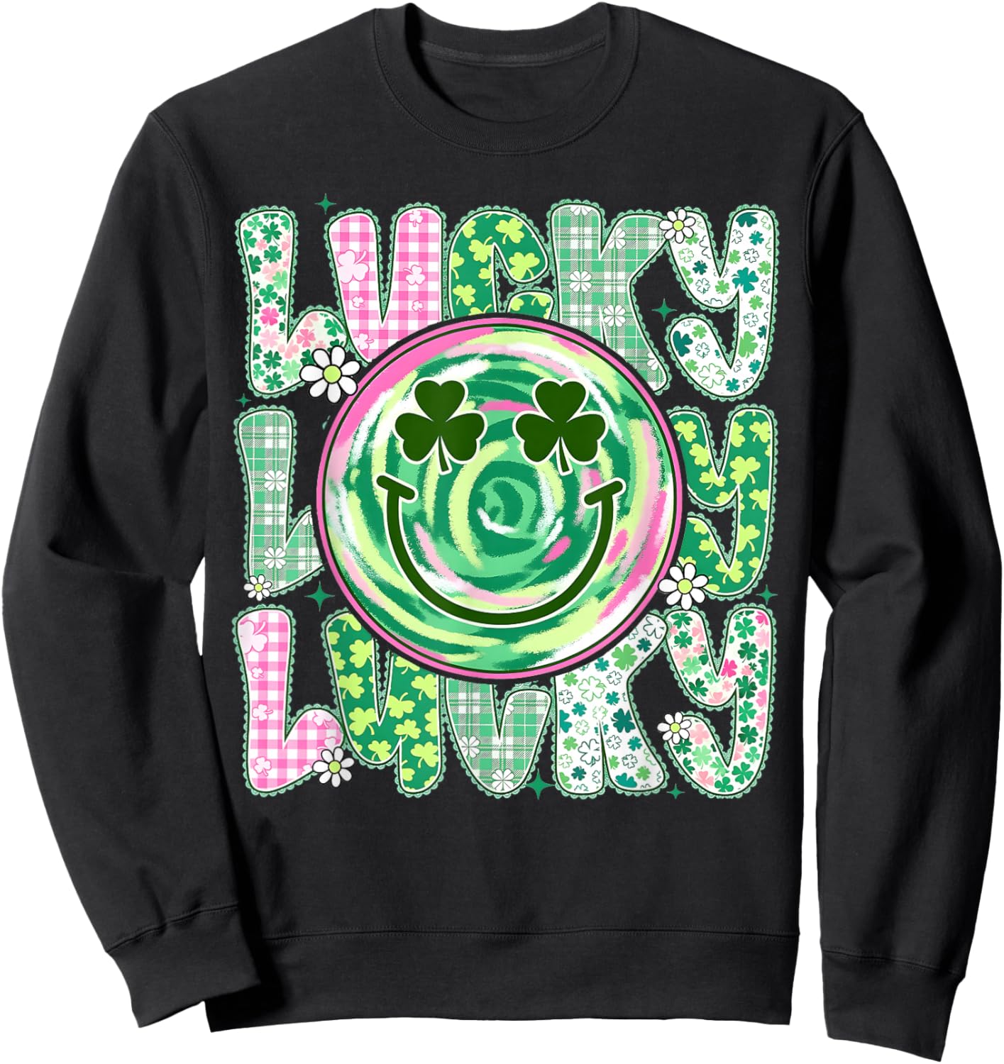 St Patricks Day Lace Lucky Smile Face Shamrock Men Women Kid Sweatshirt - Sweatshirt | Black