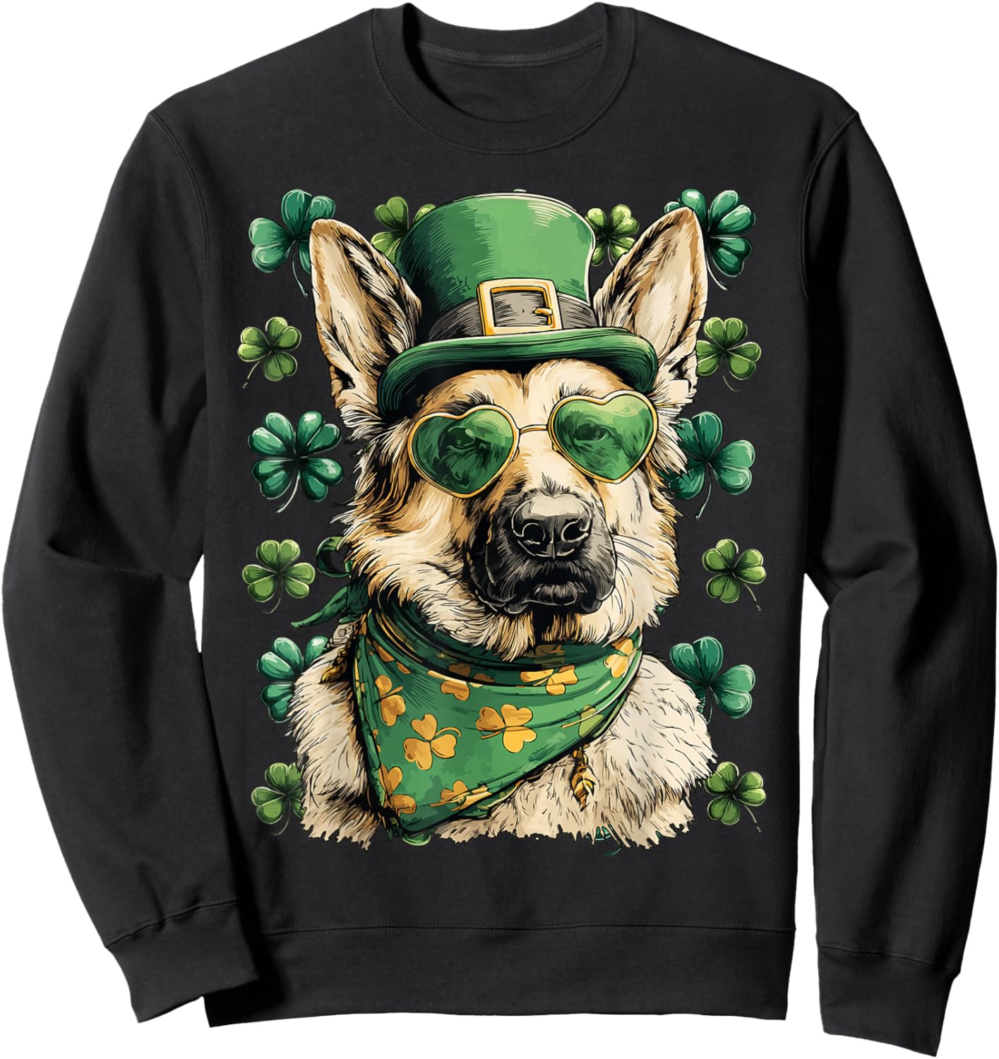 German Shepherd Shamrocks Hearts Sunglasses St Patricks Day Sweatshirt - Sweatshirt | Black
