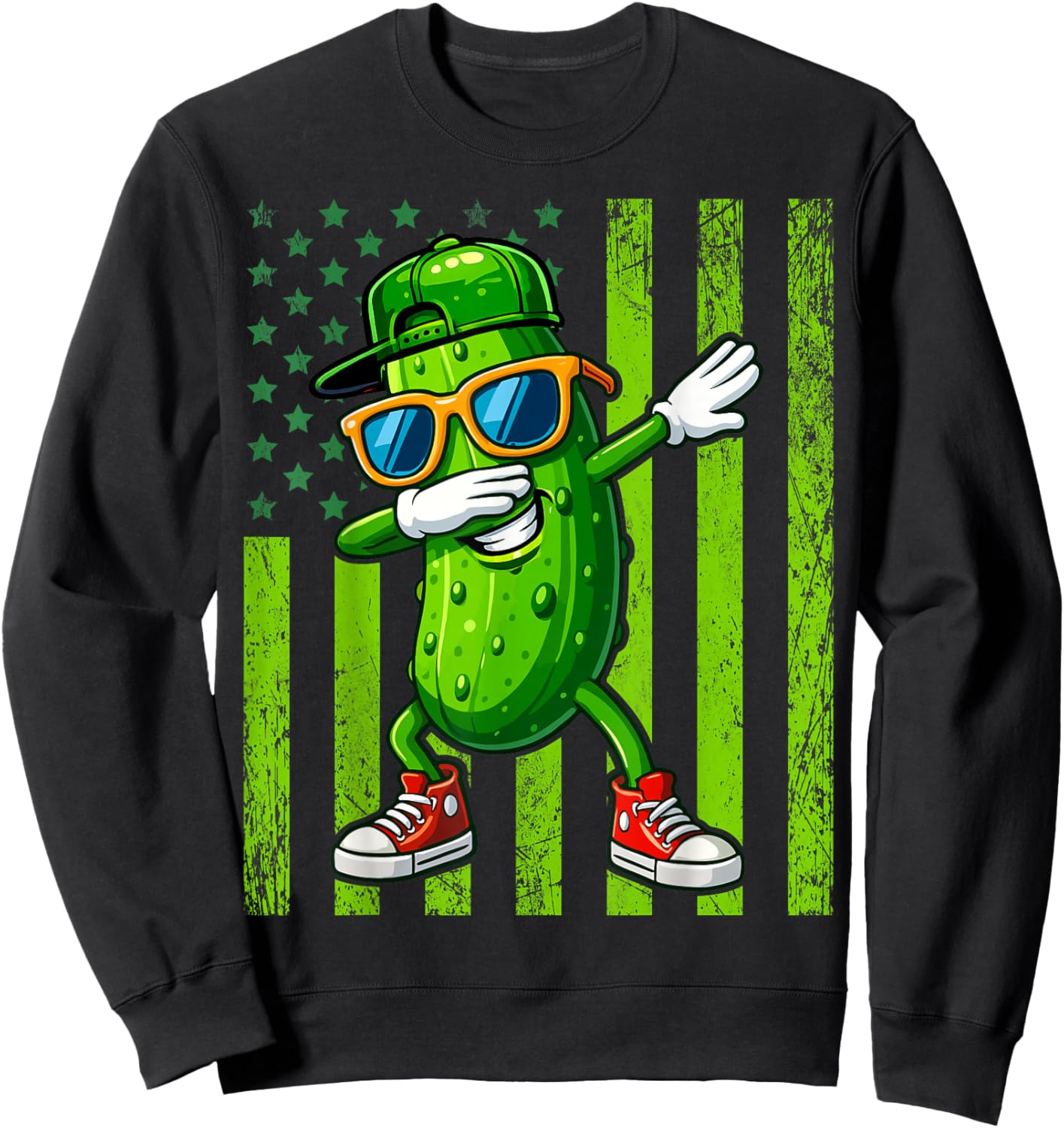 Dabbing Pickle Retro American Flag Funny Cucumber Pickles Sweatshirt - Sweatshirt | Black