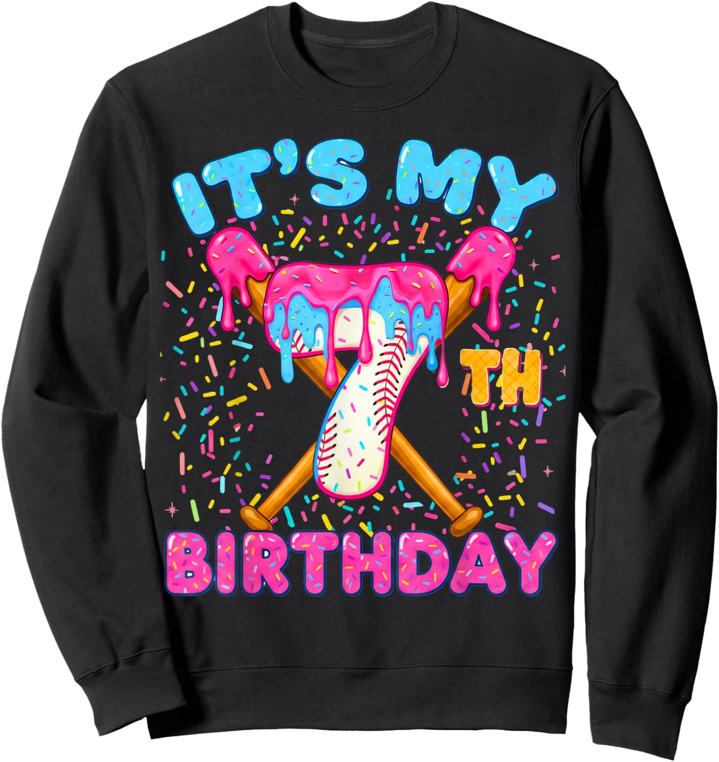 7th Birthday Baseball Seven Ice Cream Drip Boy Baseball Sweatshirt - Sweatshirt | Black