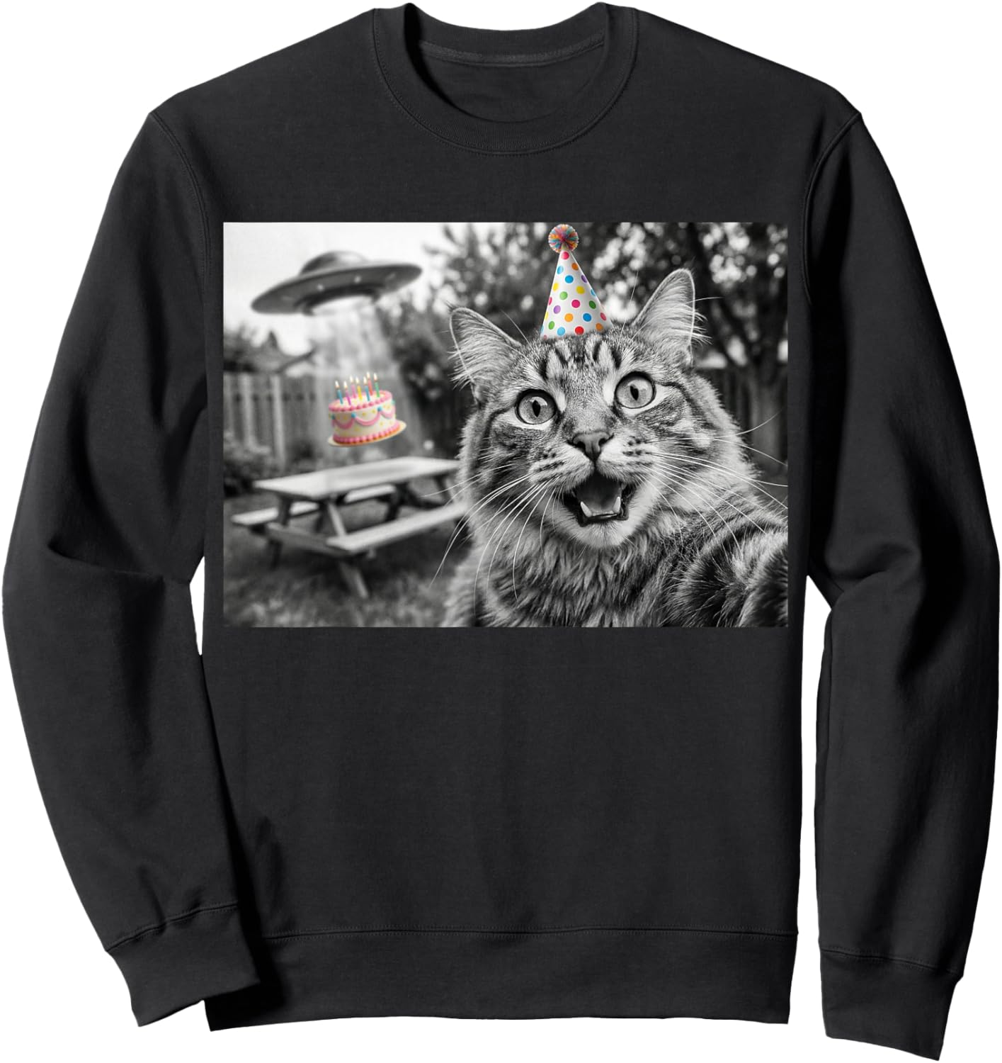 Cat Selfie Birthday Party UFO Alien Abduction Cake Funny Sweatshirt - Sweatshirt | Black