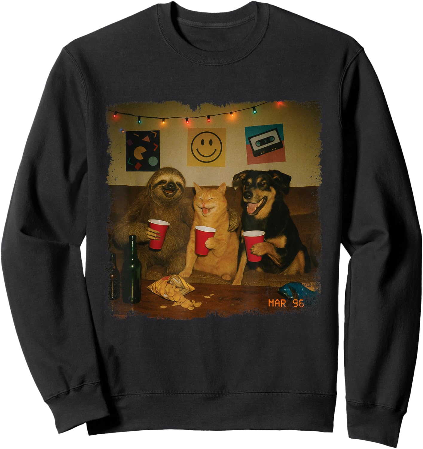 Funny 90s House Party Cat Sloth Dog Meme Trendy Sweatshirt - Sweatshirt | Black