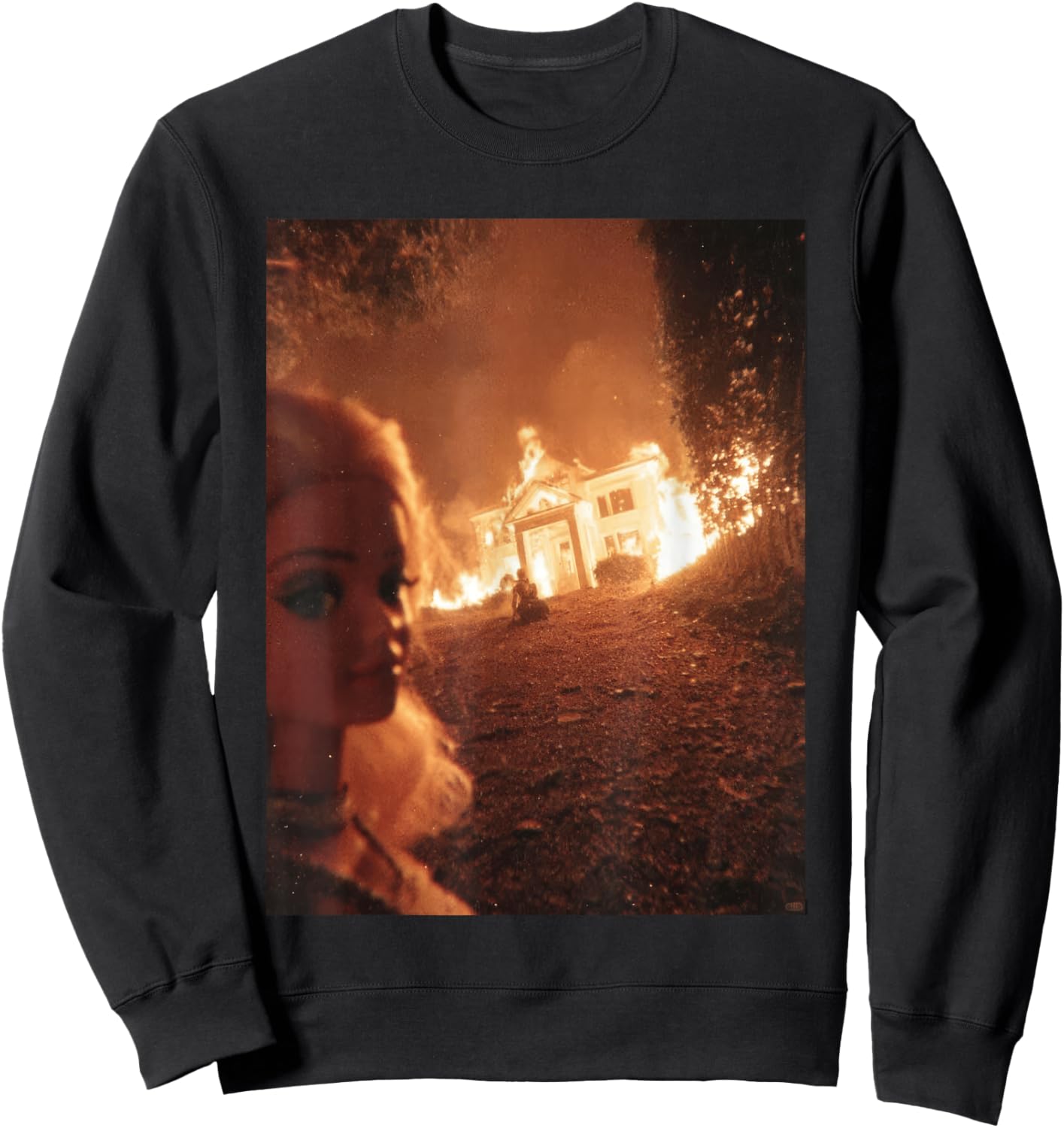 Funny Chaotic Doll Face Mem Selfie Background House on Fire Sweatshirt - Sweatshirt | Black