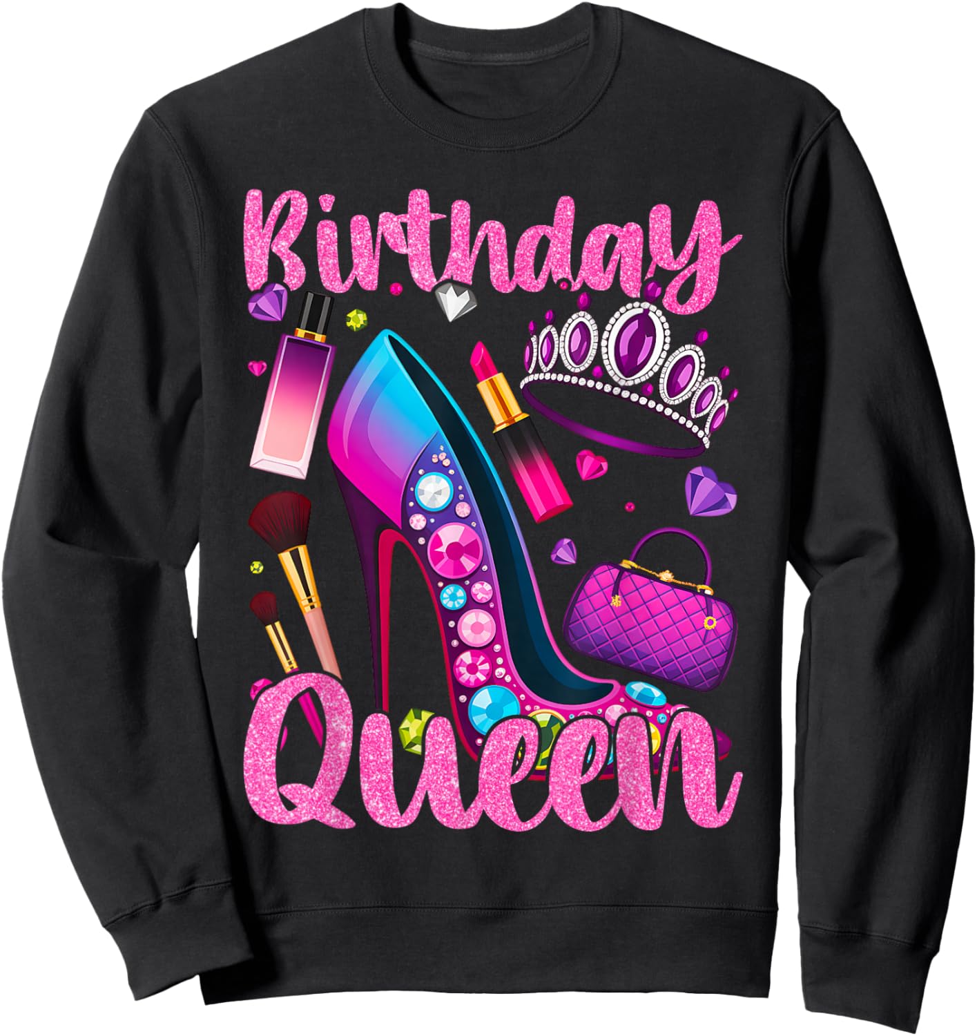 Birthday Queen Crown Graphic Vibes Sweatshirt - Sweatshirt | Black