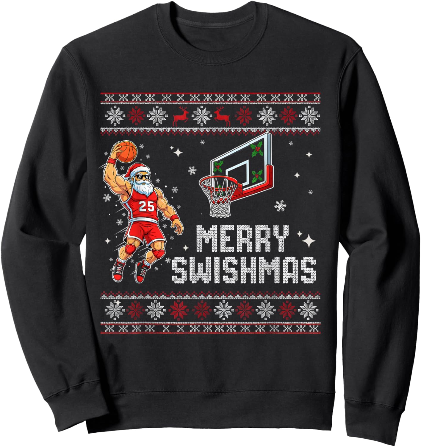 Merry Swishmas Funny Basketball Santa Ugly Christmas Sweatshirt - Sweatshirt | Black