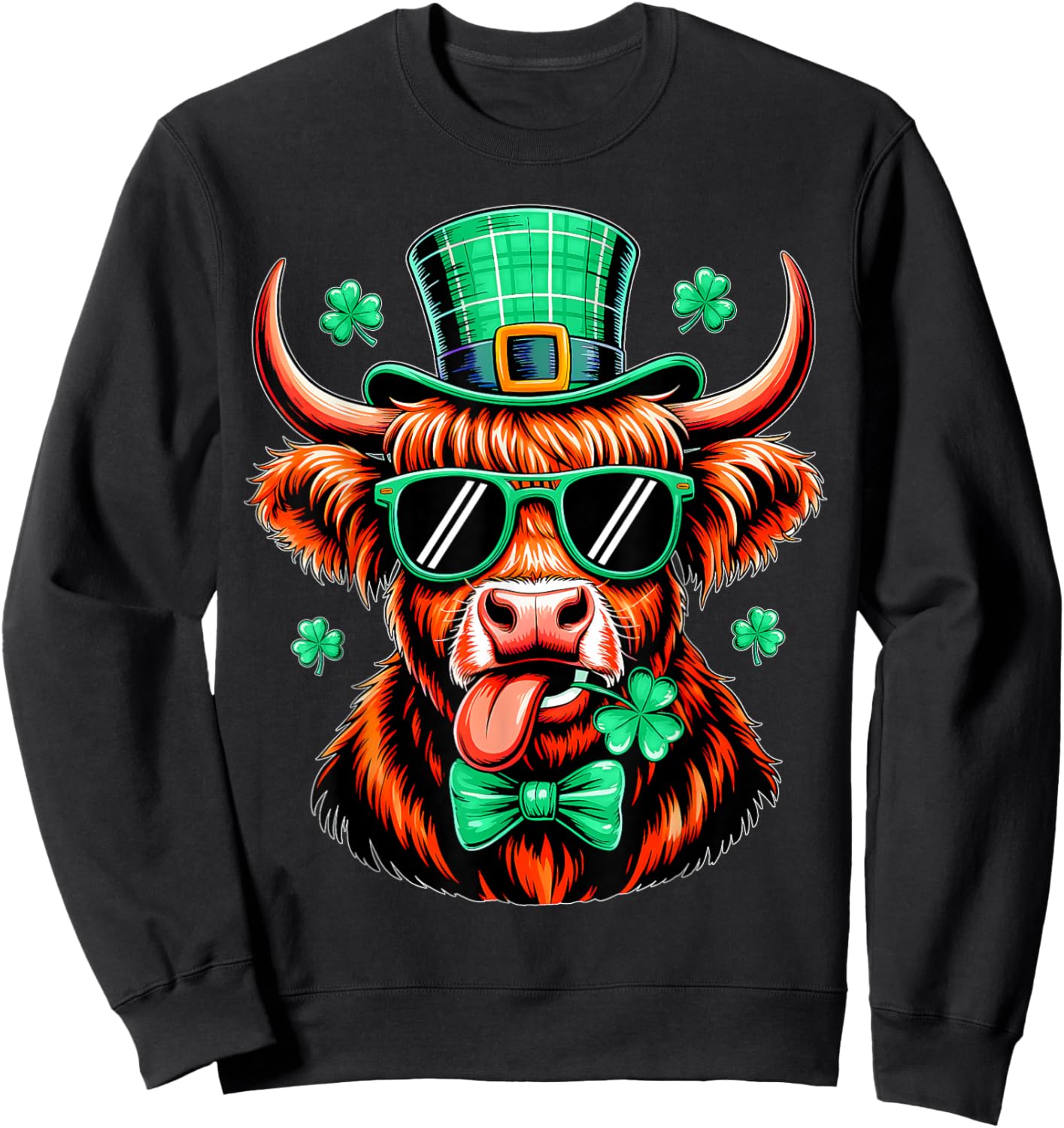 Highland Cow Shamrock St Patricks Day Irish Women Girls Kids Sweatshirt - Sweatshirt | Black