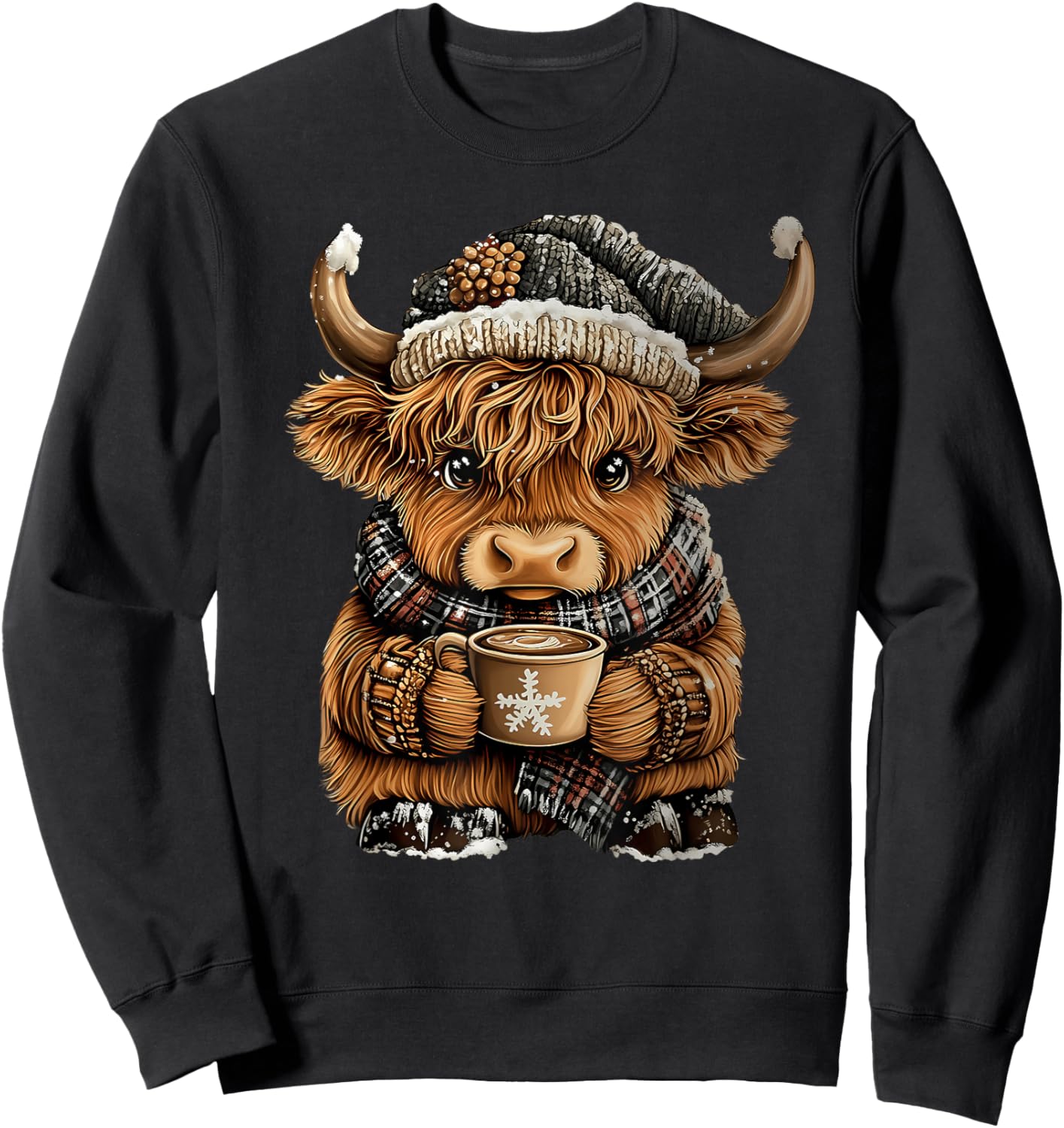 Cute Christmas Highland Cow Drinking Coffee Winter Holiday Sweatshirt - Sweatshirt | Black