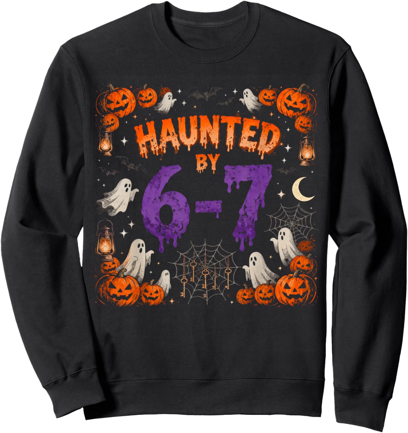 Funny Haunted by 67 Halloween Ghost Pumpkin Six Seven Meme Sweatshirt - Sweatshirt | Black