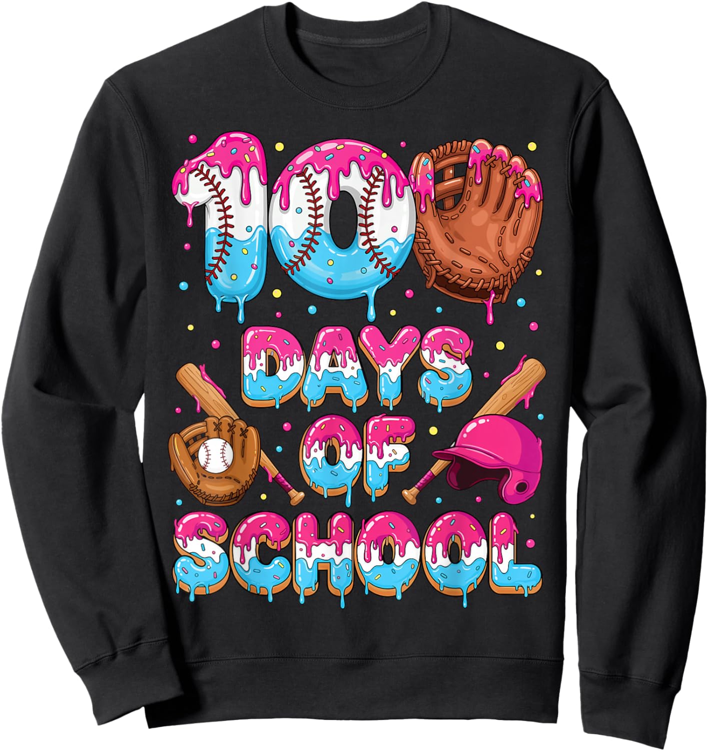 100 Days of School Baseball Donut Dripping Teacher Boys Kids Sweatshirt - Sweatshirt | Black